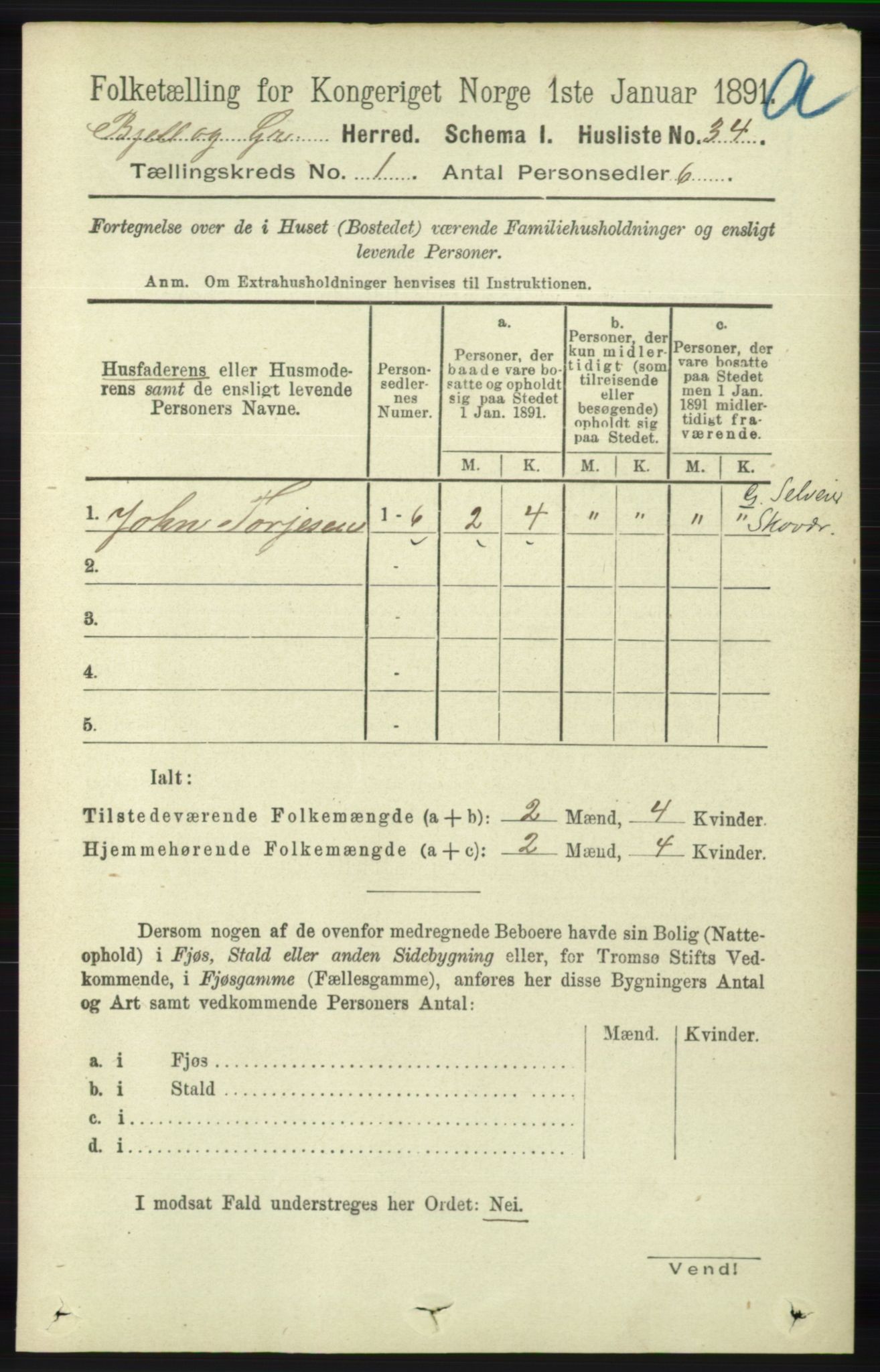 RA, 1891 census for 1024 Bjelland og Grindheim, 1891, p. 57