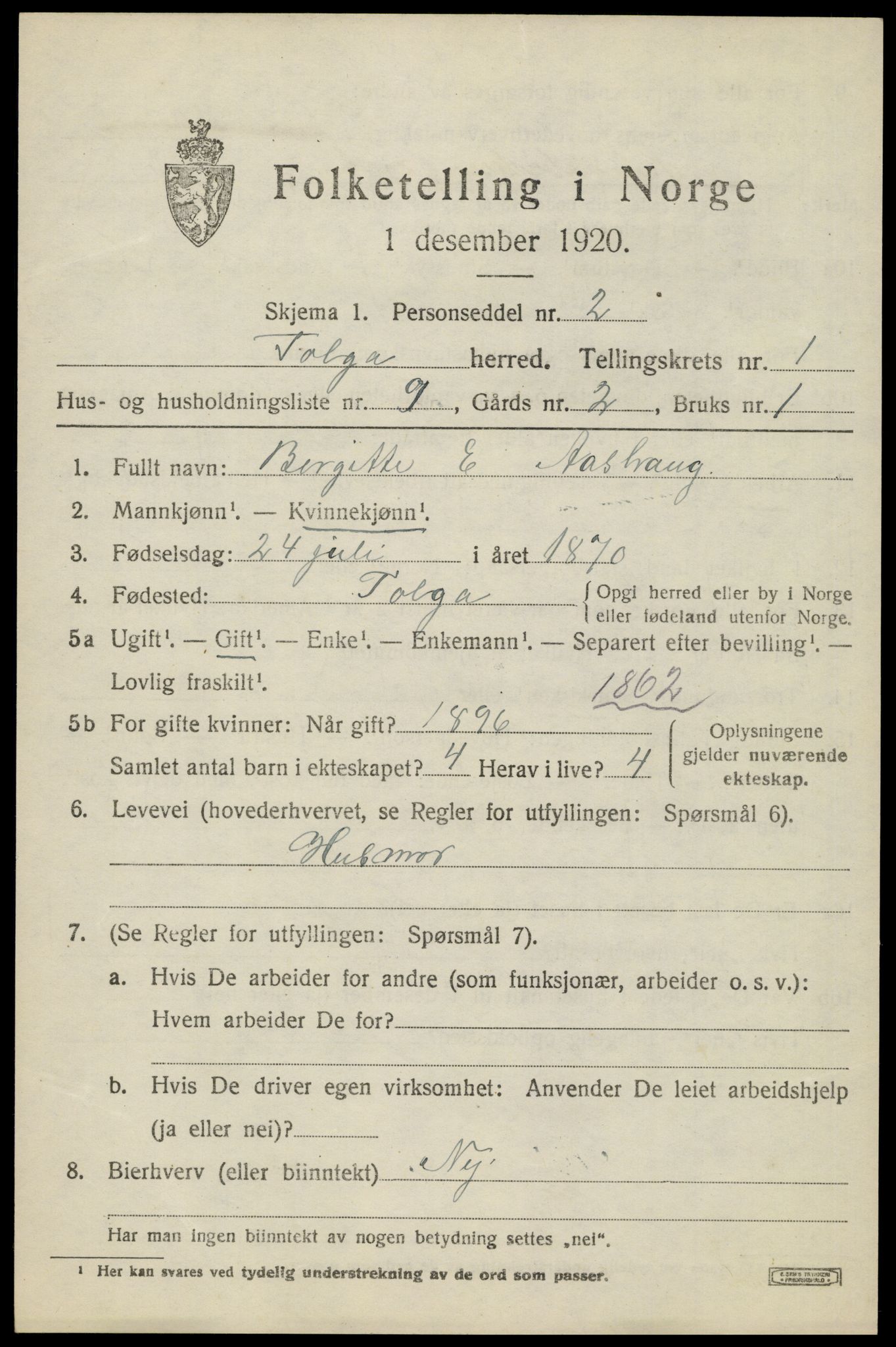 SAH, 1920 census for Tolga, 1920, p. 1499