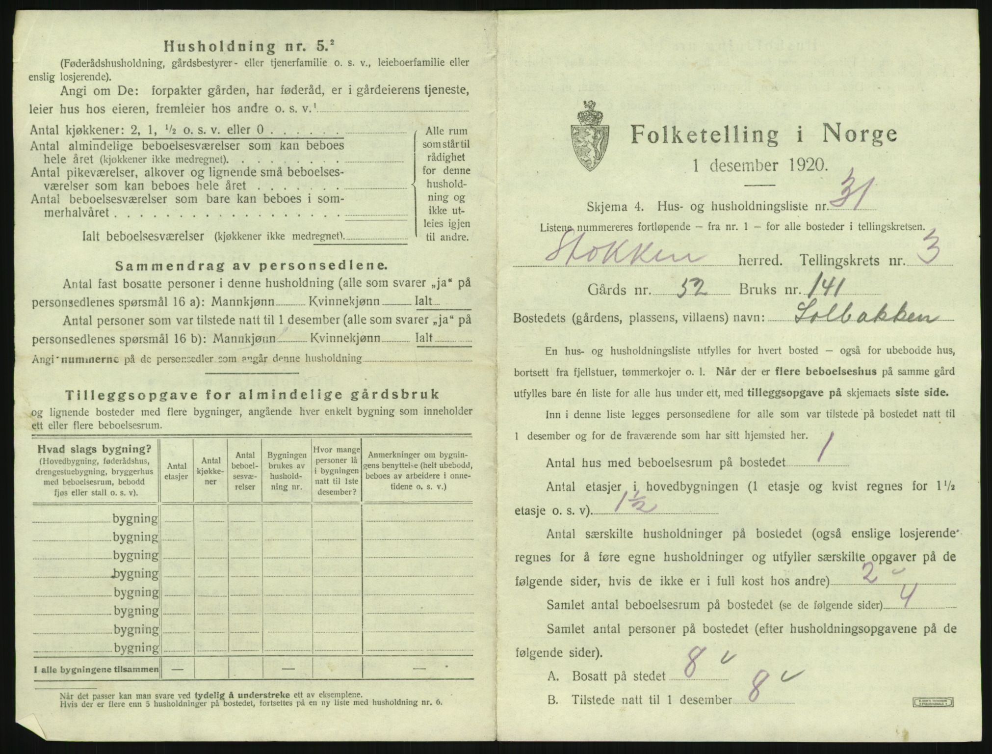 SAK, 1920 census for Stokken, 1920, p. 368