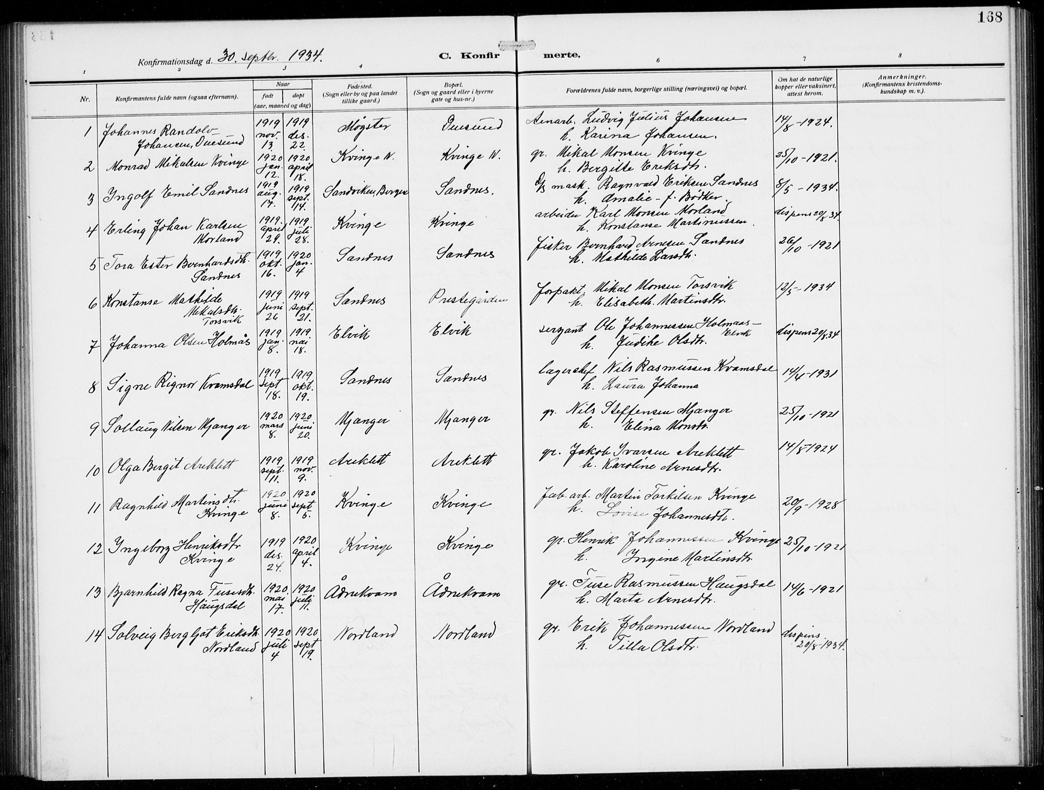 Masfjorden sokneprestembete, AV/SAB-A-77001: Parish register (copy) no. B  2, 1912-1939, p. 168