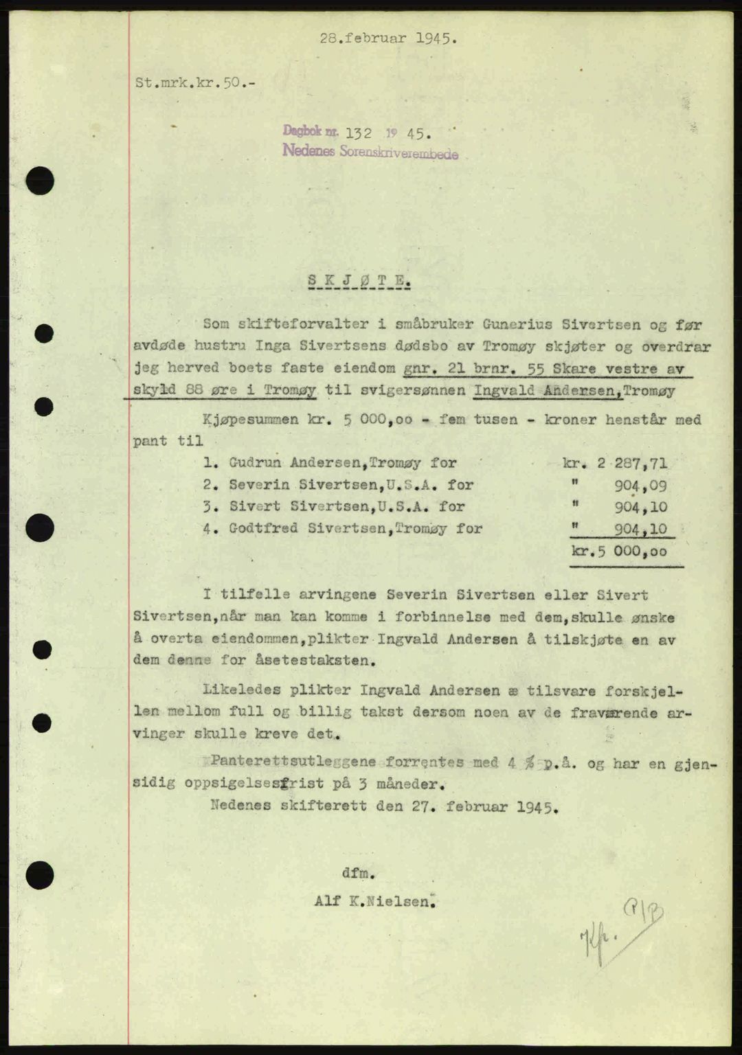 Nedenes sorenskriveri, AV/SAK-1221-0006/G/Gb/Gba/L0052: Mortgage book no. A6a, 1944-1945, Diary no: : 132/1945