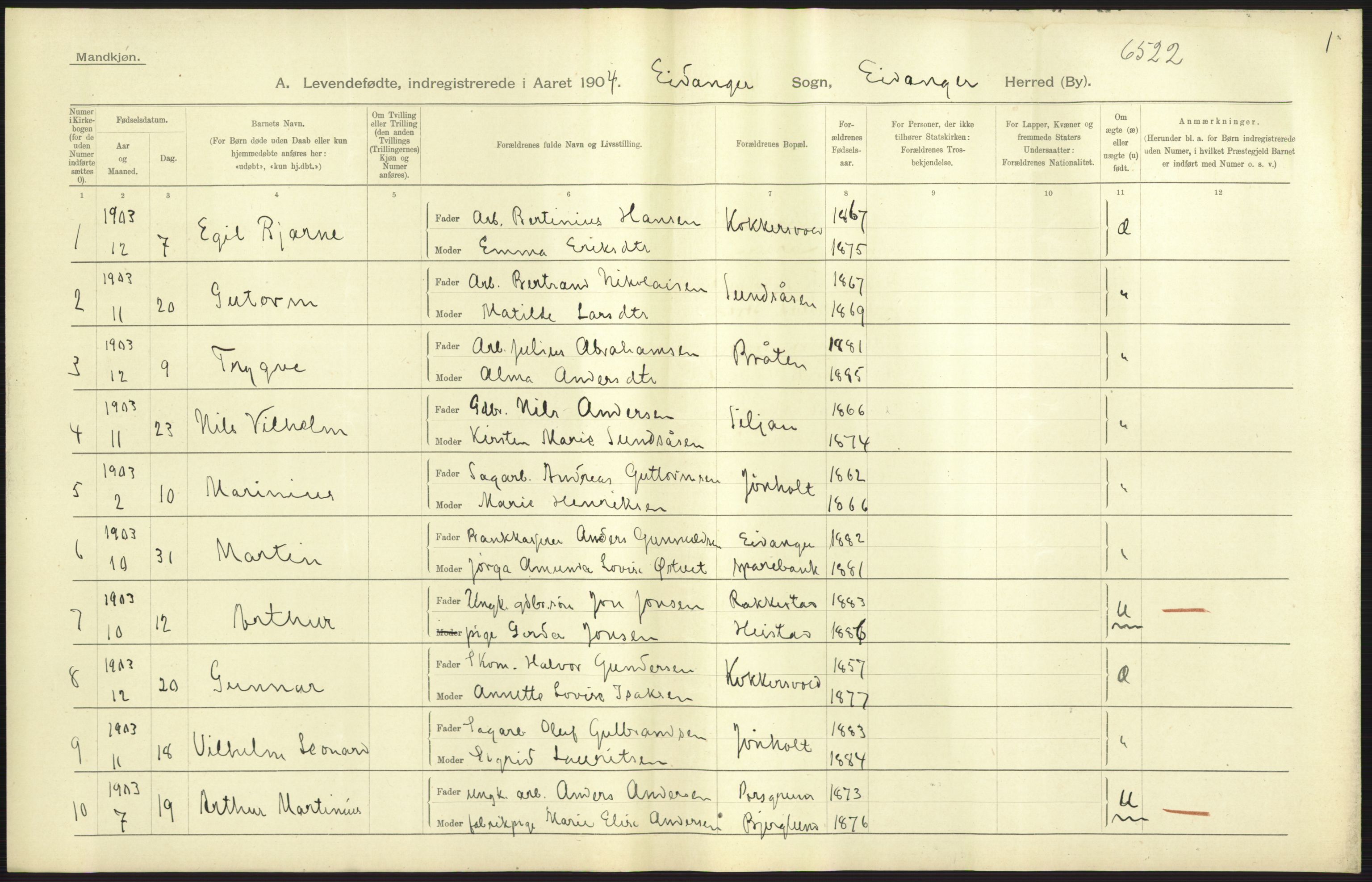 Statistisk sentralbyrå, Sosiodemografiske emner, Befolkning, AV/RA-S-2228/D/Df/Dfa/Dfab/L0009: Bratsberg amt: Fødte, gifte, døde, 1904, p. 57