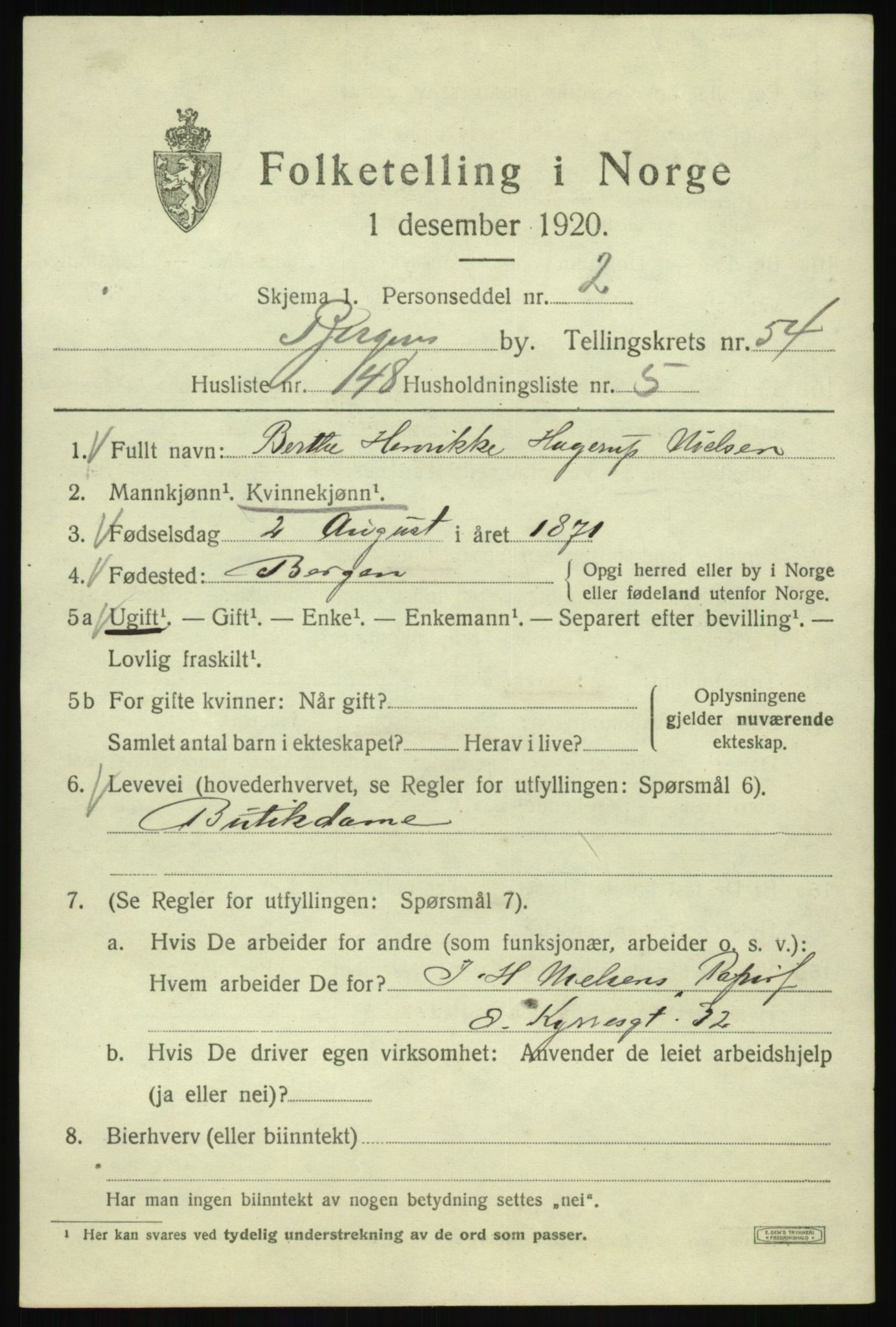 SAB, 1920 census for Bergen, 1920, p. 123693