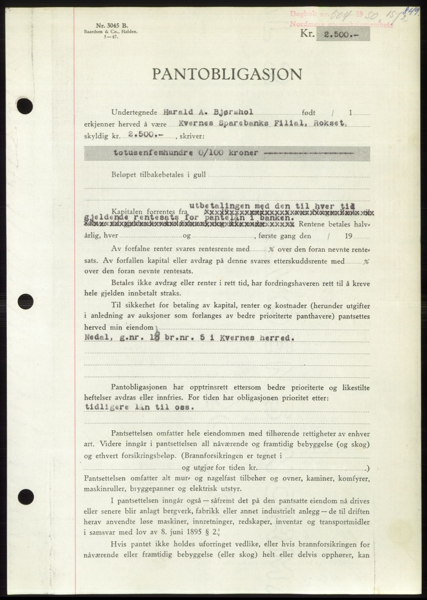 Nordmøre sorenskriveri, AV/SAT-A-4132/1/2/2Ca: Mortgage book no. B103, 1949-1950, Diary no: : 504/1950