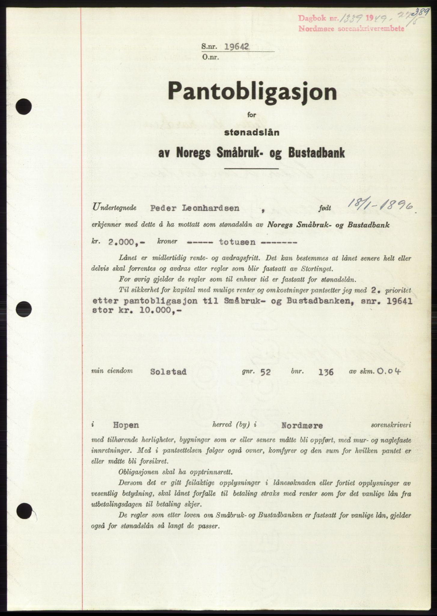 Nordmøre sorenskriveri, AV/SAT-A-4132/1/2/2Ca: Mortgage book no. B101, 1949-1949, Diary no: : 1339/1949