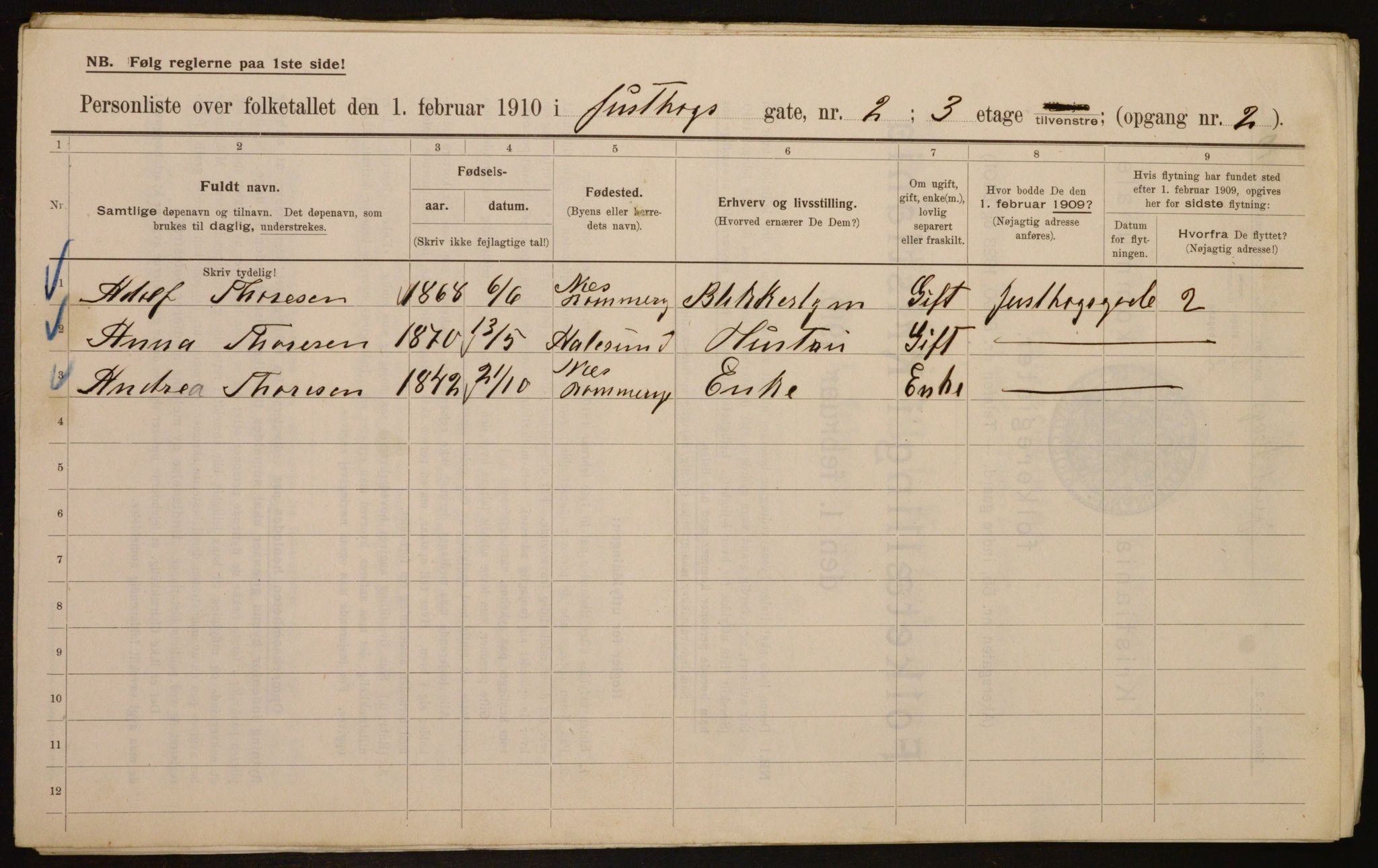 OBA, Municipal Census 1910 for Kristiania, 1910, p. 46255