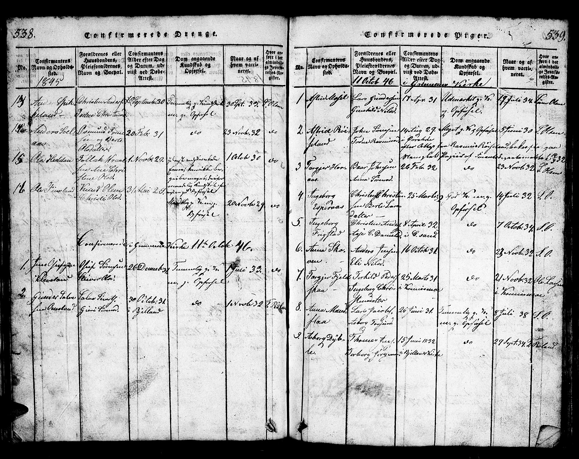 Bjelland sokneprestkontor, AV/SAK-1111-0005/F/Fb/Fbb/L0003: Parish register (copy) no. B 3, 1816-1868, p. 538-539