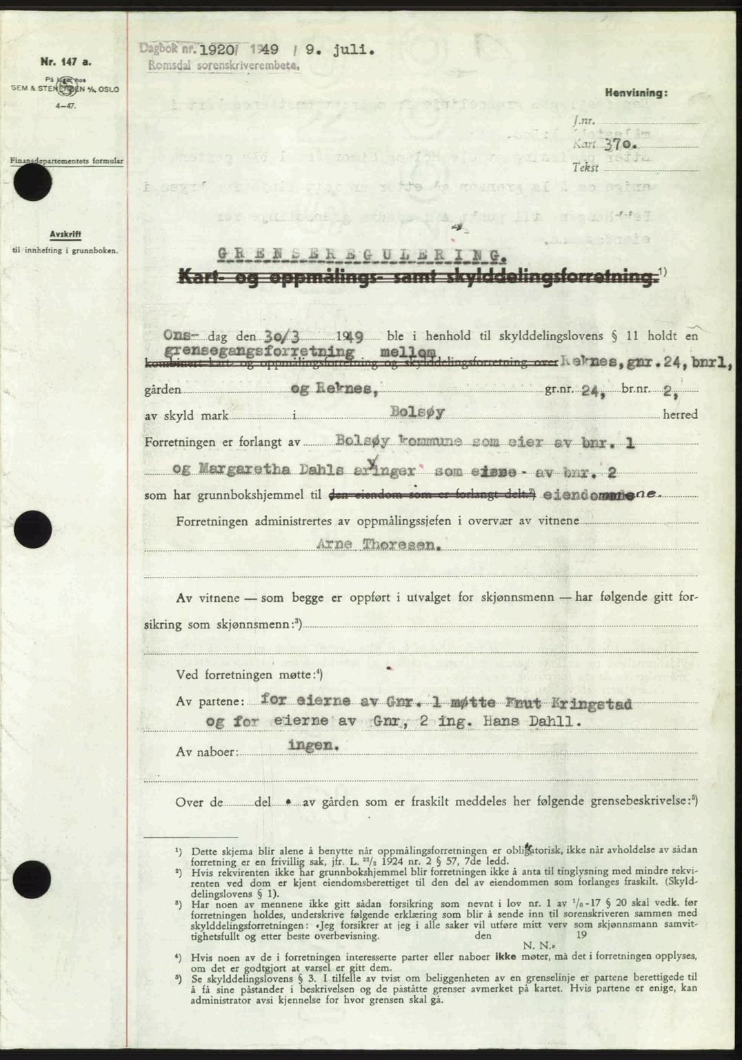 Romsdal sorenskriveri, AV/SAT-A-4149/1/2/2C: Mortgage book no. A30, 1949-1949, Diary no: : 1920/1949