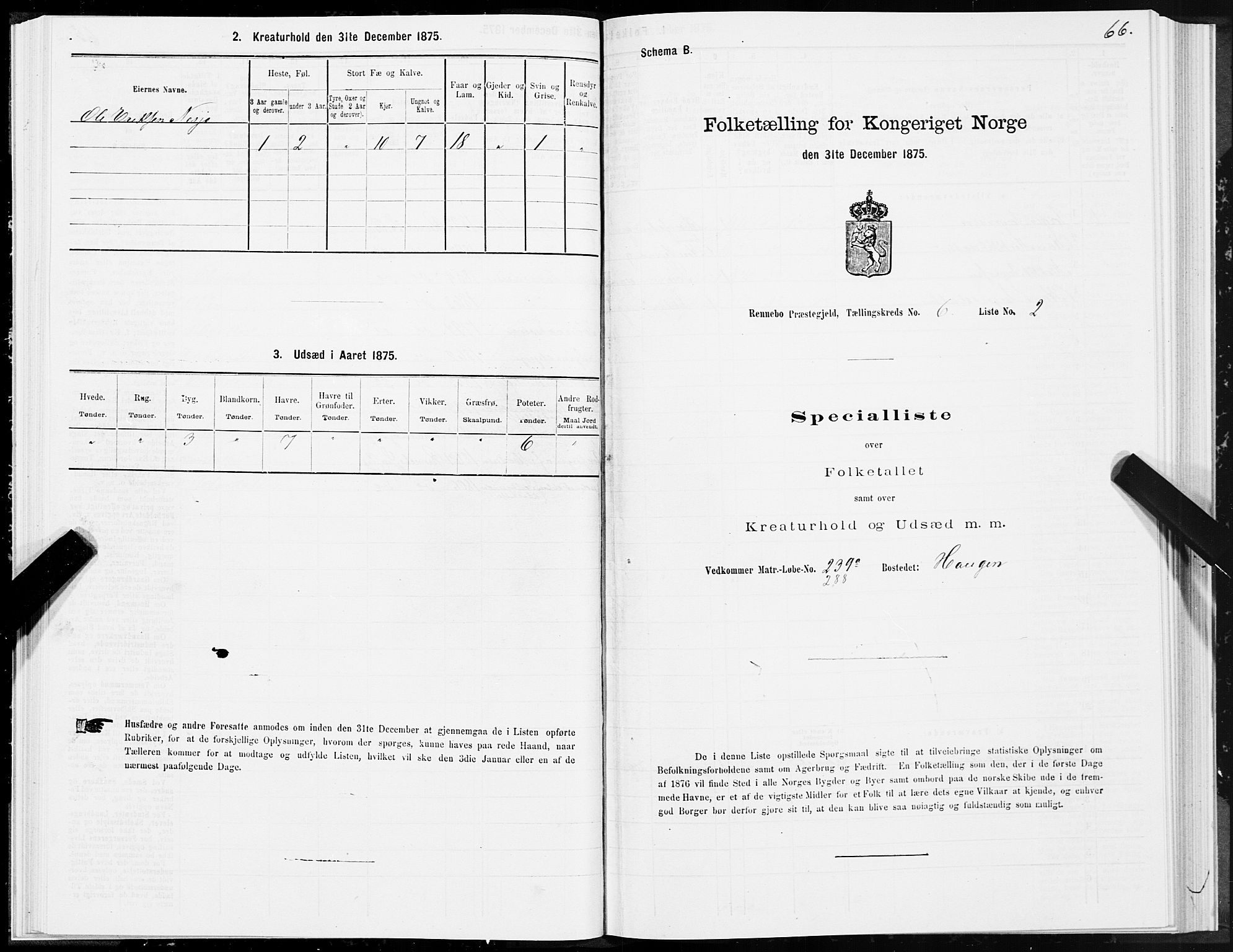 SAT, 1875 census for 1635P Rennebu, 1875, p. 3066