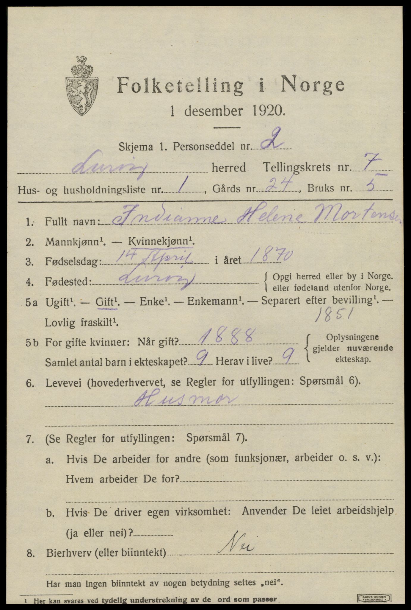 SAT, 1920 census for Lurøy, 1920, p. 3597