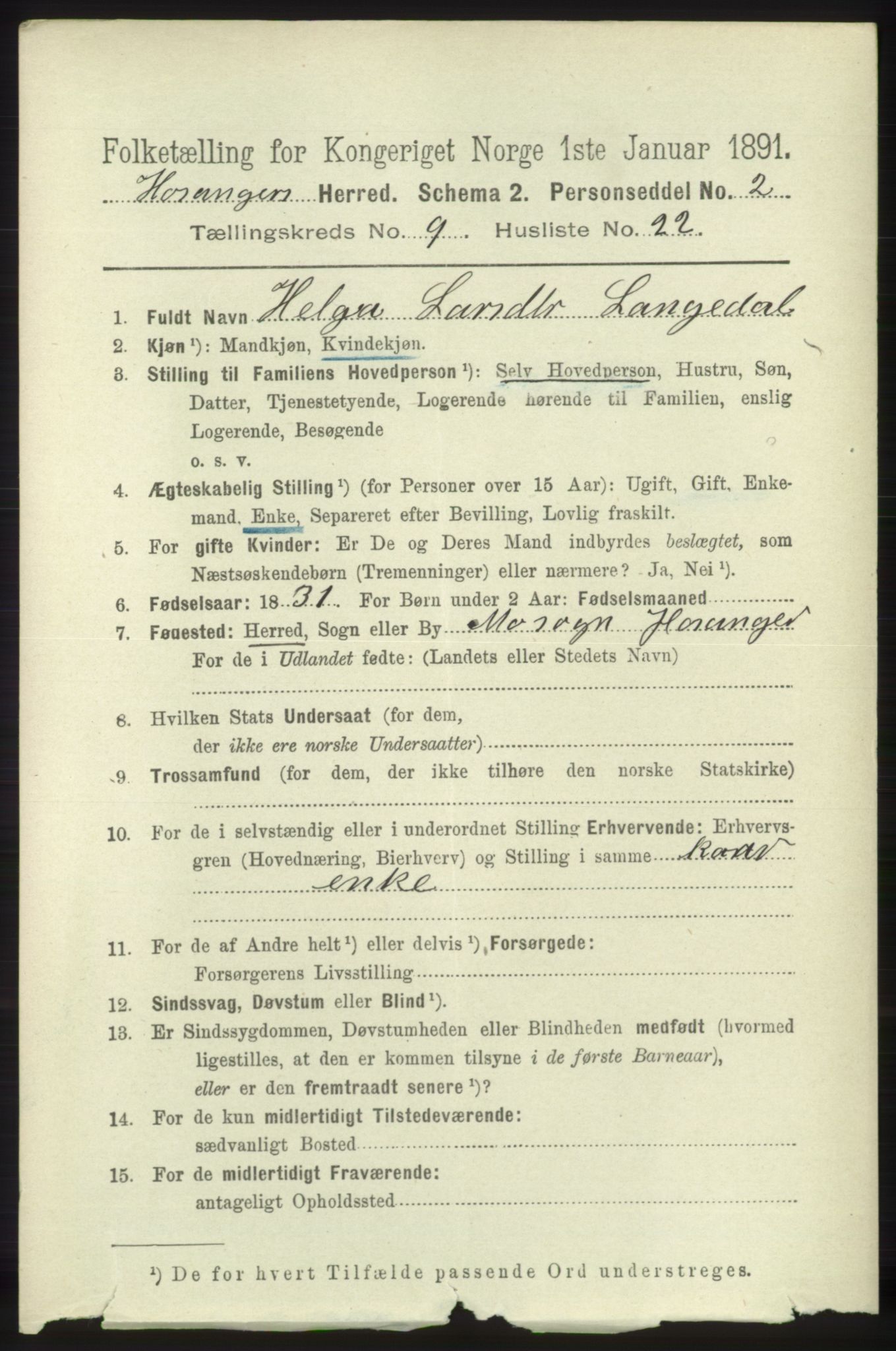 RA, 1891 census for 1253 Hosanger, 1891, p. 3424