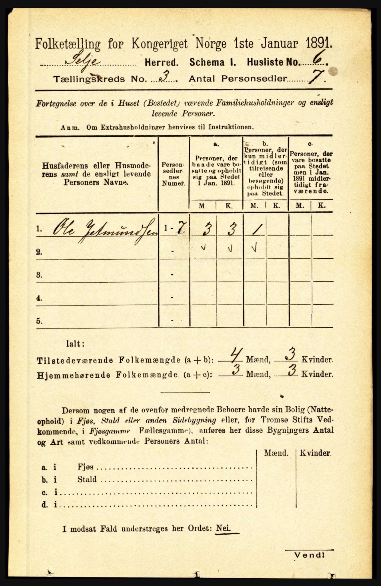 RA, 1891 census for 1441 Selje, 1891, p. 592