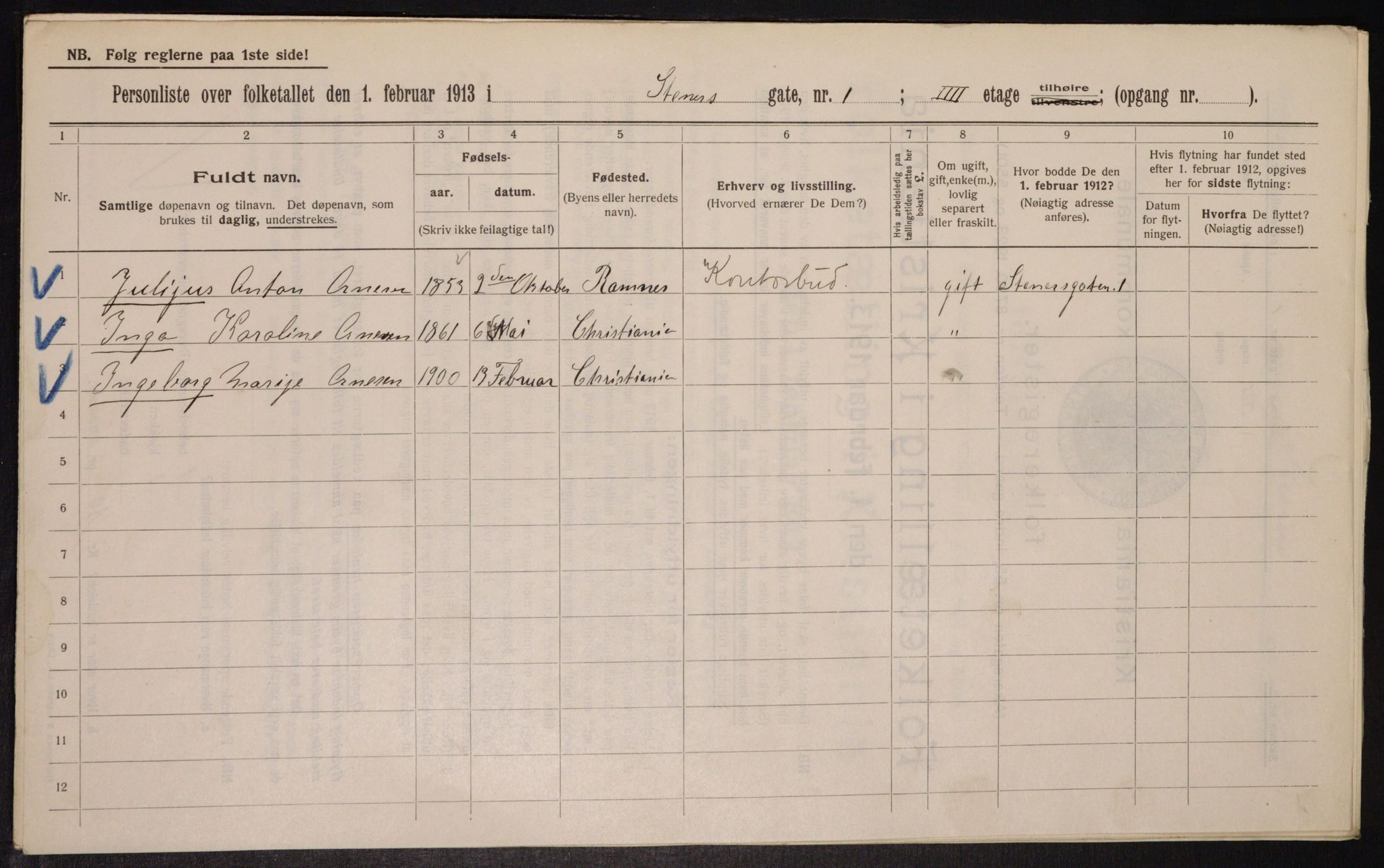 OBA, Municipal Census 1913 for Kristiania, 1913, p. 101513