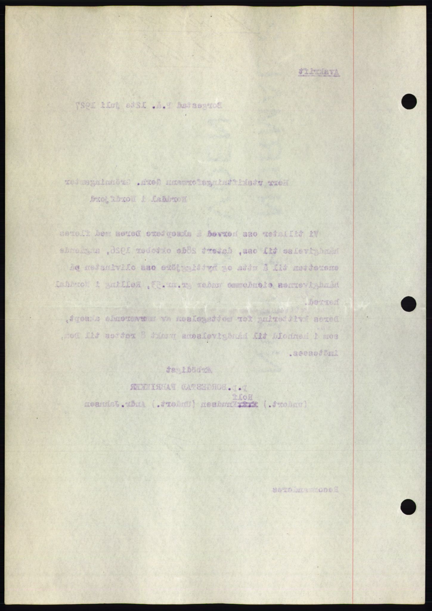 Nordre Sunnmøre sorenskriveri, AV/SAT-A-0006/1/2/2C/2Ca/L0037: Mortgage book no. 40, 1927-1927, Deed date: 18.07.1927