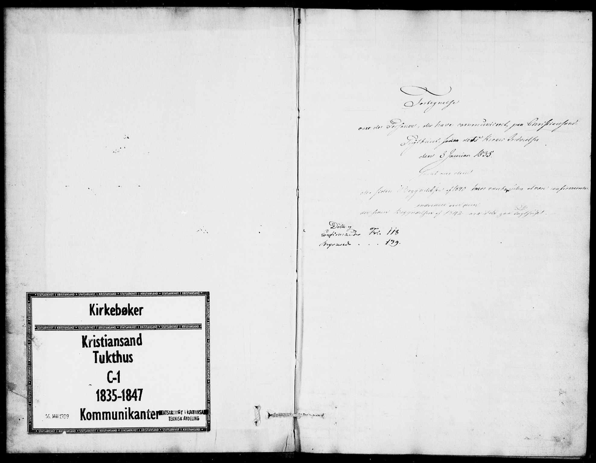 Kristiansand tukthus, AV/SAK-1251-0009/I/Ih/L0002: Communicants register no. C 1, 1835-1847