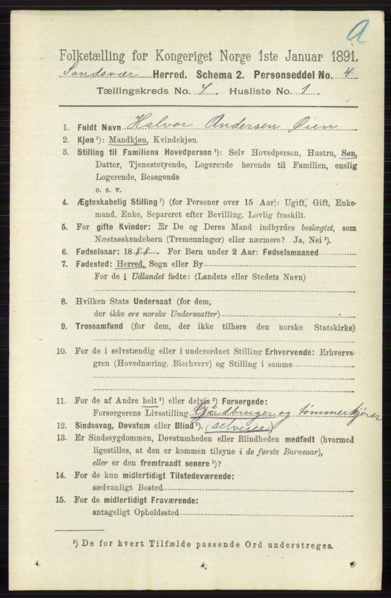 RA, 1891 census for 0629 Sandsvær, 1891, p. 3986