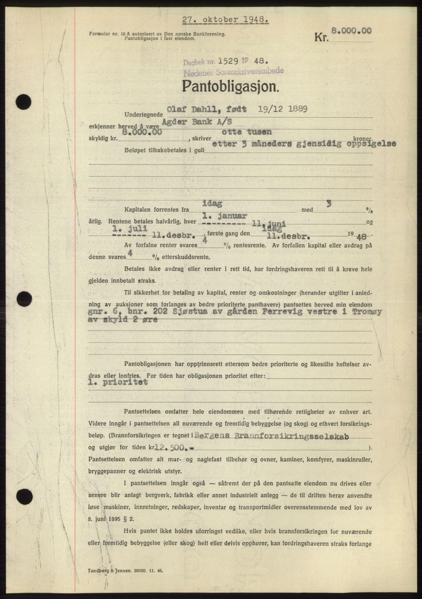 Nedenes sorenskriveri, AV/SAK-1221-0006/G/Gb/Gbb/L0005: Mortgage book no. B5, 1948-1948, Diary no: : 1529/1948