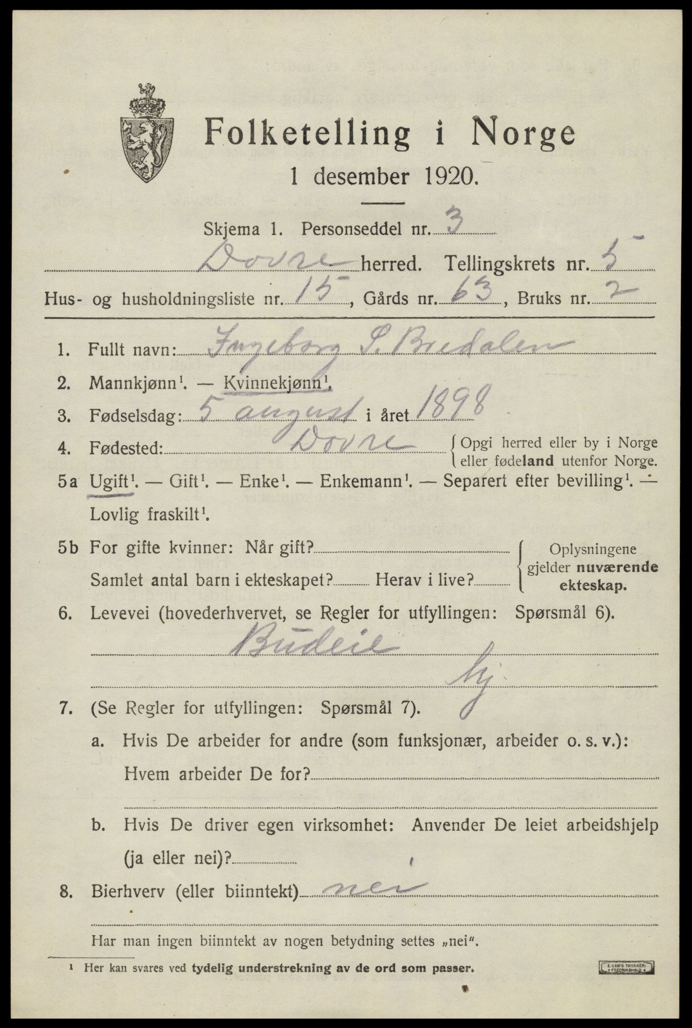 SAH, 1920 census for Dovre, 1920, p. 5392