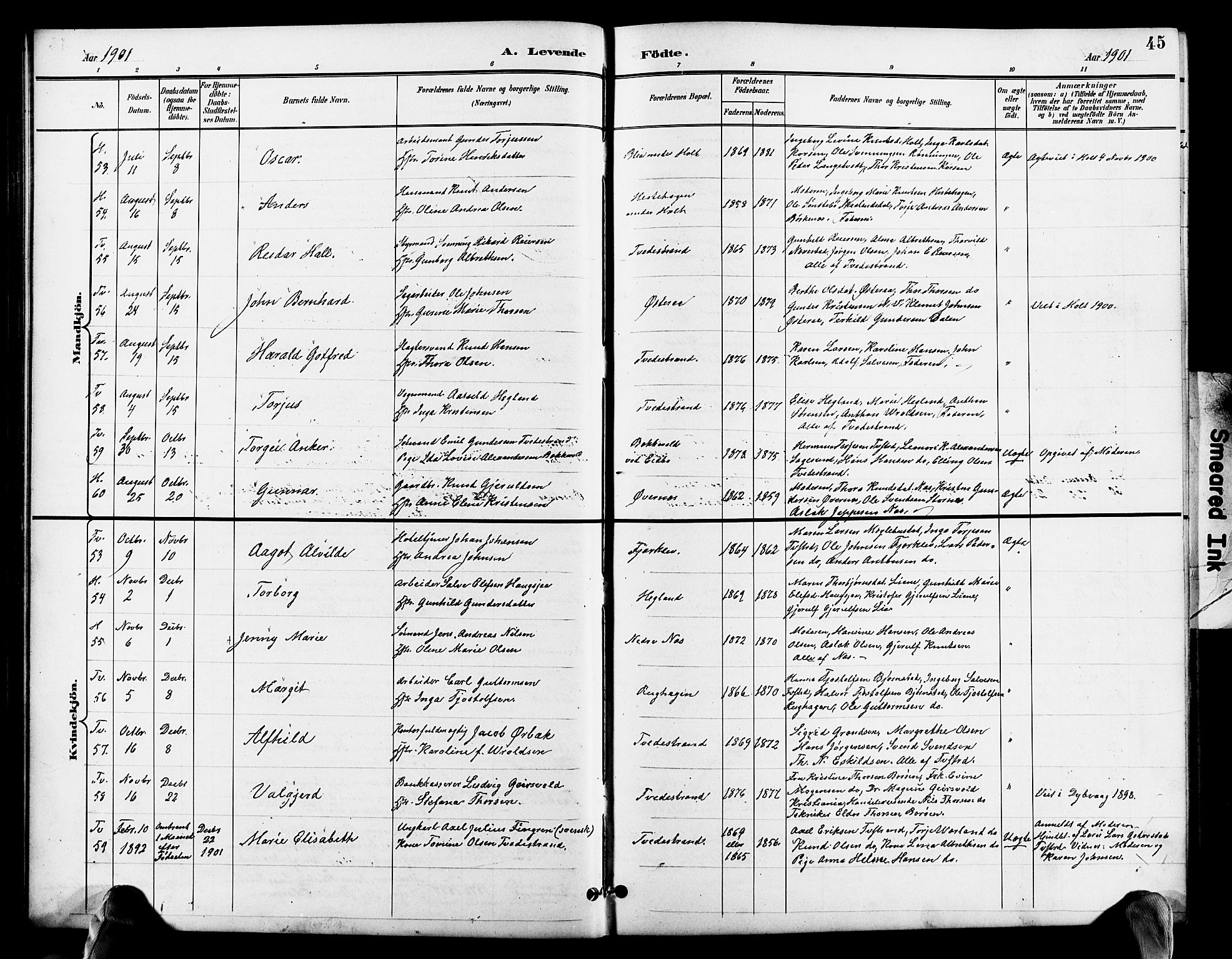 Holt sokneprestkontor, SAK/1111-0021/F/Fb/L0011: Parish register (copy) no. B 11, 1897-1921, p. 45