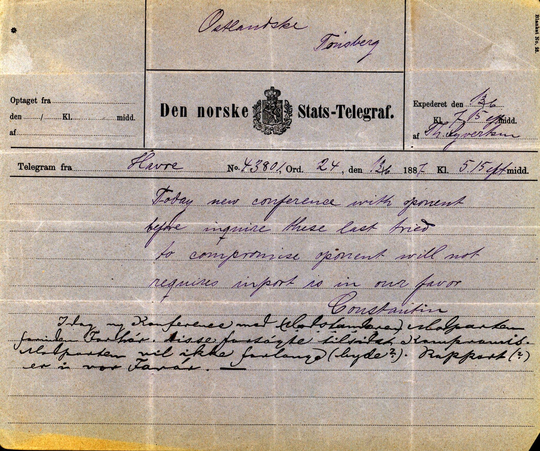 Pa 63 - Østlandske skibsassuranceforening, VEMU/A-1079/G/Ga/L0020/0001: Havaridokumenter / Tellus, Telanak, Wilhelmine, 1887, p. 22