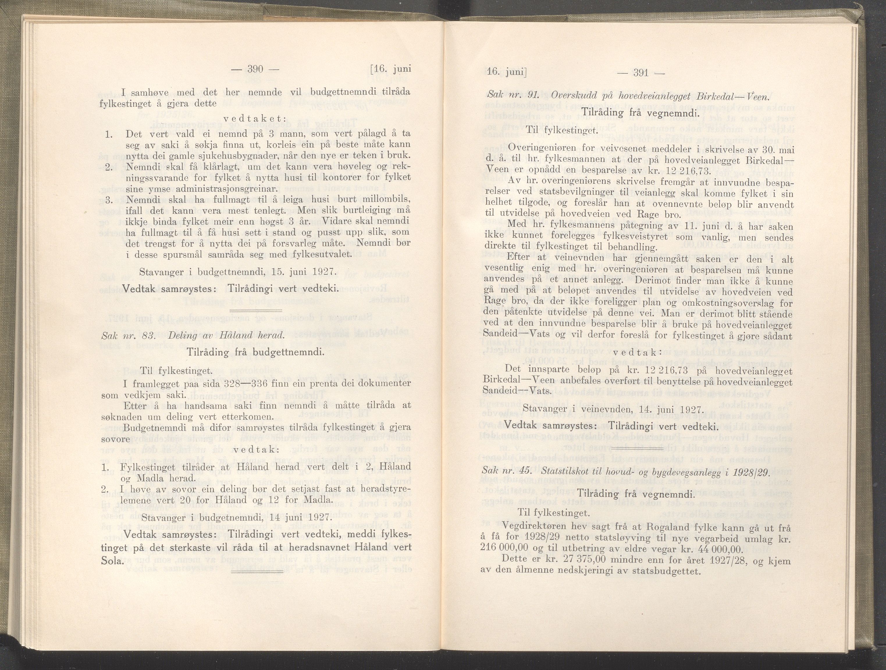 Rogaland fylkeskommune - Fylkesrådmannen , IKAR/A-900/A/Aa/Aaa/L0046: Møtebok , 1927, p. 390-391