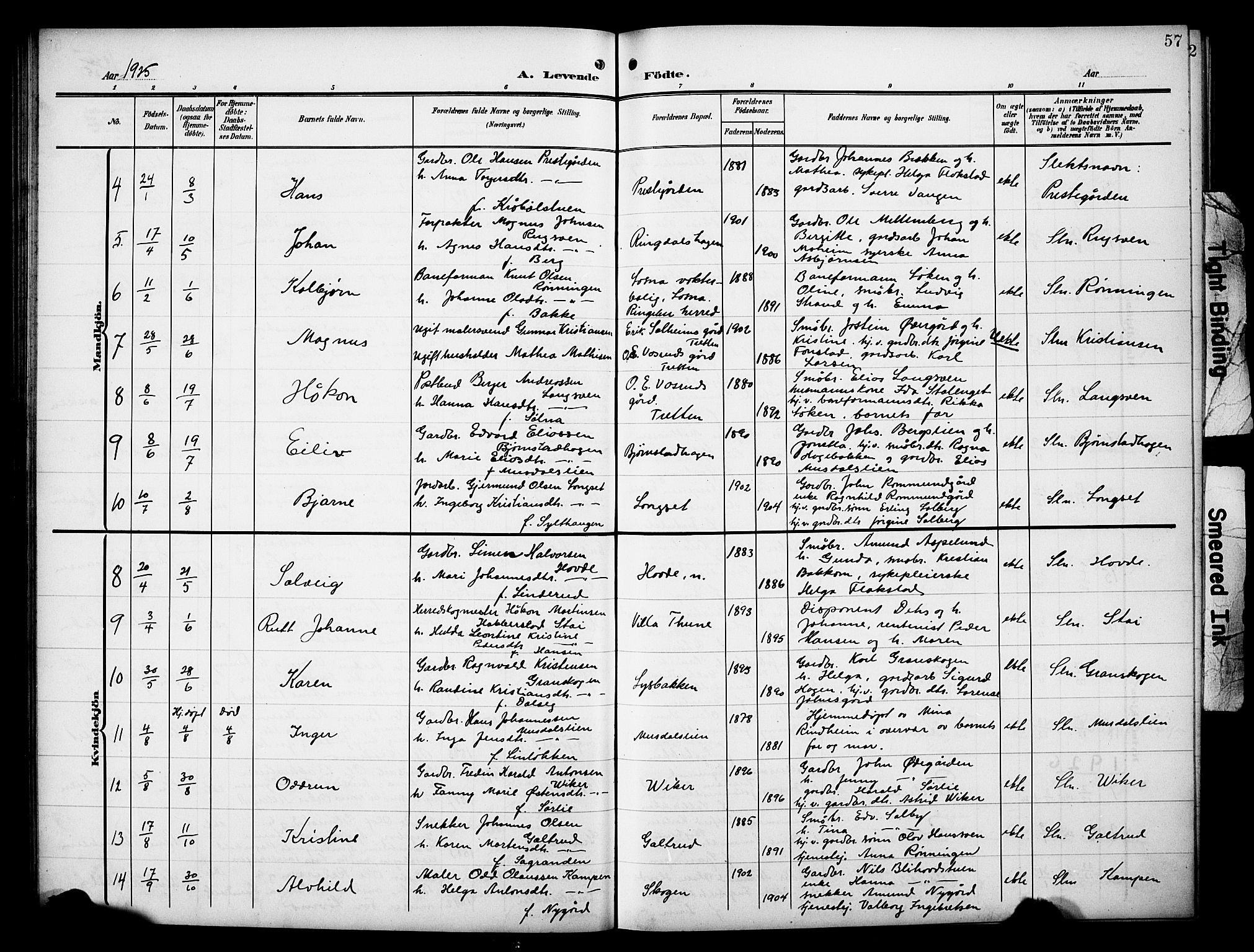 Øyer prestekontor, SAH/PREST-084/H/Ha/Hab/L0006: Parish register (copy) no. 6, 1906-1929, p. 57