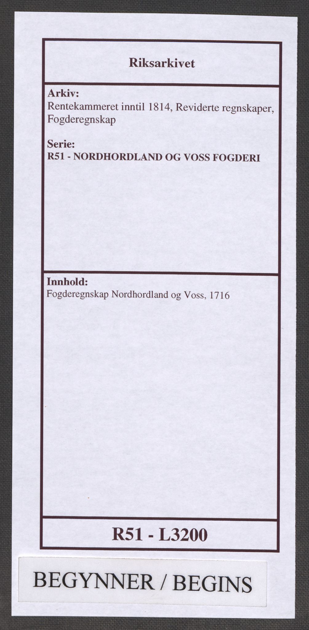 Rentekammeret inntil 1814, Reviderte regnskaper, Fogderegnskap, RA/EA-4092/R51/L3200: Fogderegnskap Nordhordland og Voss, 1716, p. 1