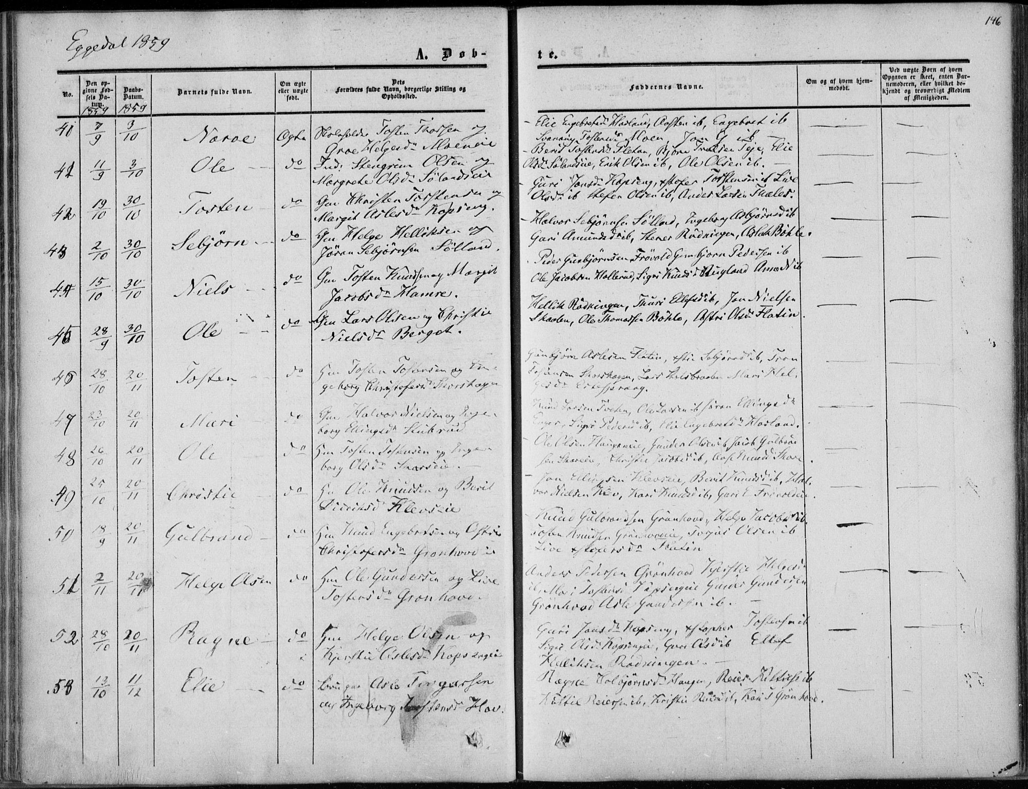 Sigdal kirkebøker, AV/SAKO-A-245/F/Fa/L0008: Parish register (official) no. I 8, 1850-1859, p. 146