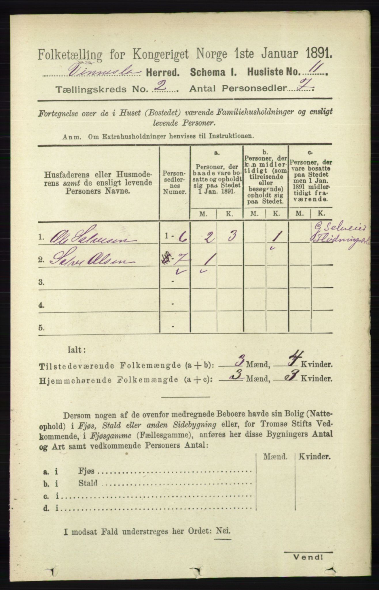 RA, 1891 census for 1014 Vennesla, 1891, p. 378