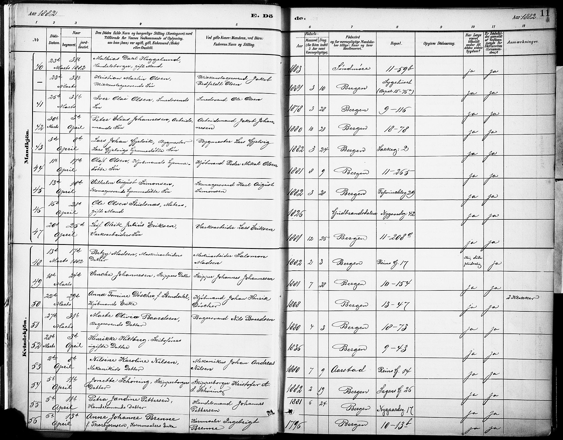 Domkirken sokneprestembete, SAB/A-74801/H/Haa/L0043: Parish register (official) no. E 5, 1882-1904, p. 11