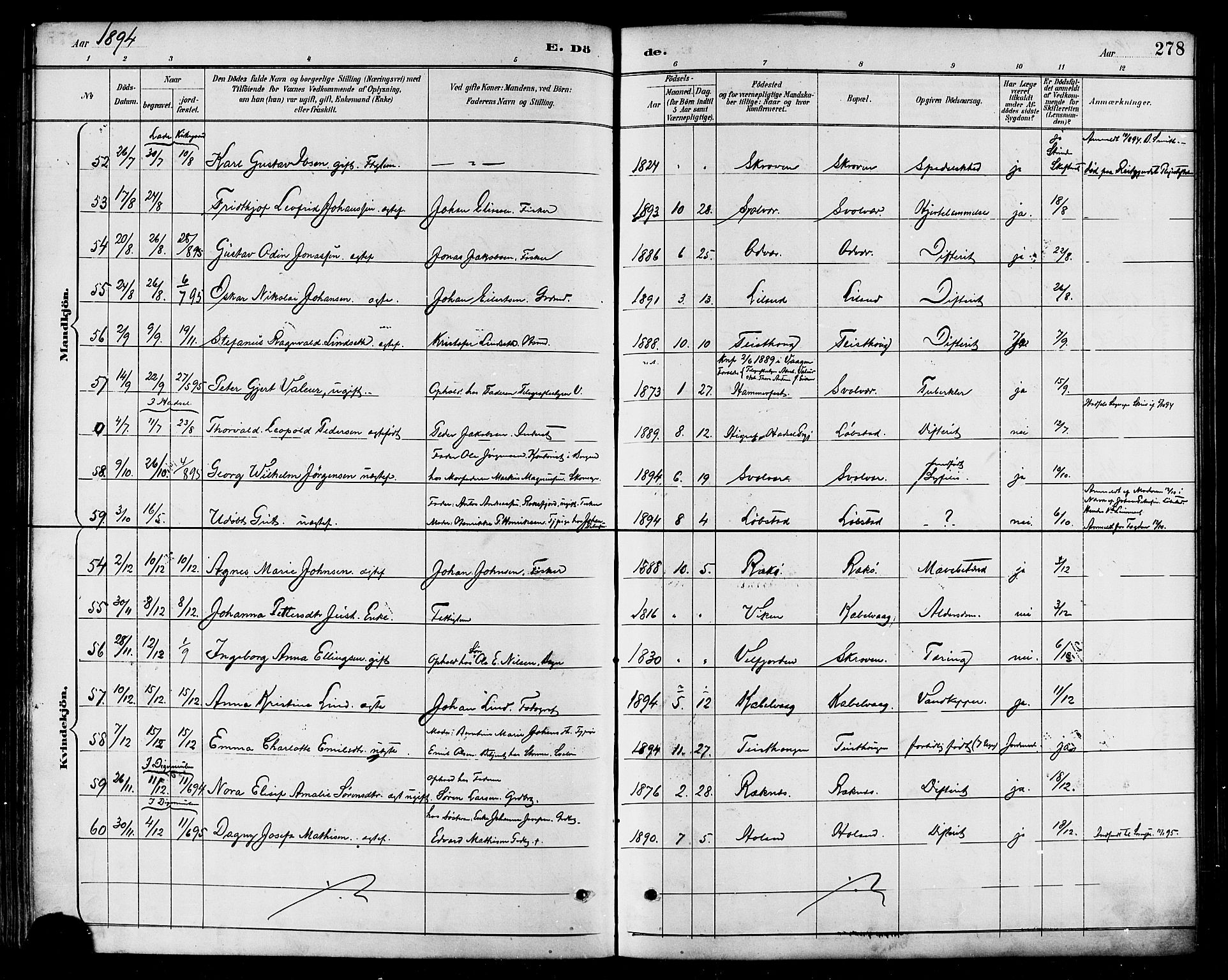 Ministerialprotokoller, klokkerbøker og fødselsregistre - Nordland, AV/SAT-A-1459/874/L1060: Parish register (official) no. 874A04, 1890-1899, p. 278