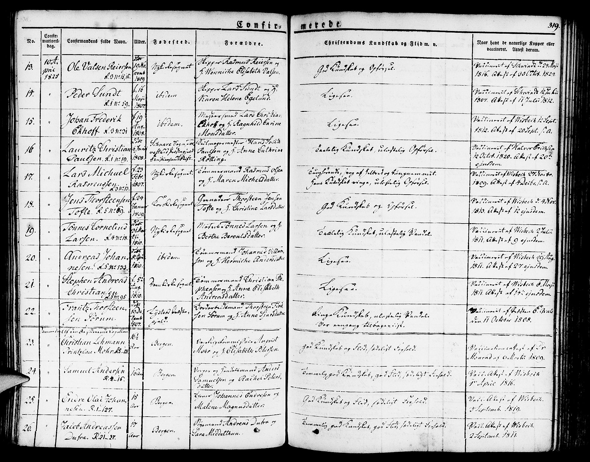 Nykirken Sokneprestembete, SAB/A-77101/H/Haa/L0012: Parish register (official) no. A 12, 1821-1844, p. 319