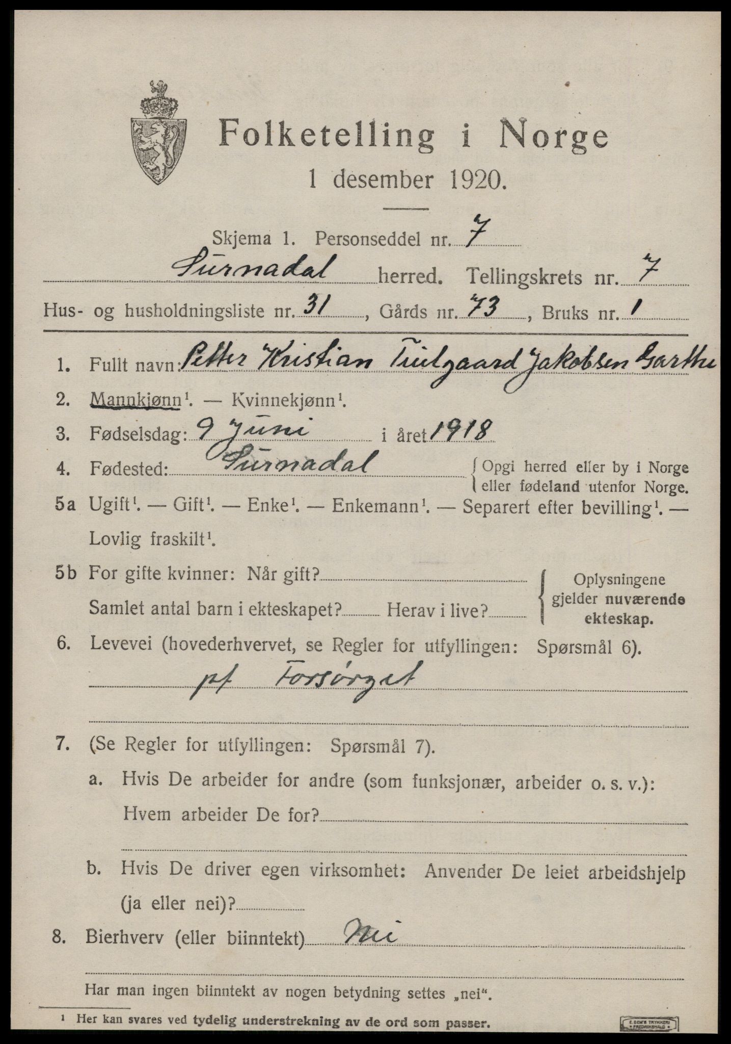 SAT, 1920 census for Surnadal, 1920, p. 5357