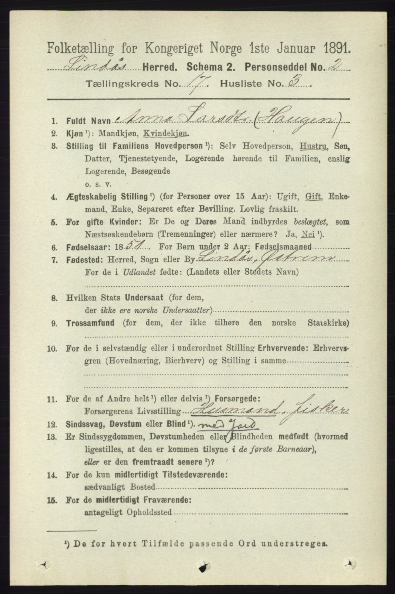 RA, 1891 census for 1263 Lindås, 1891, p. 6141