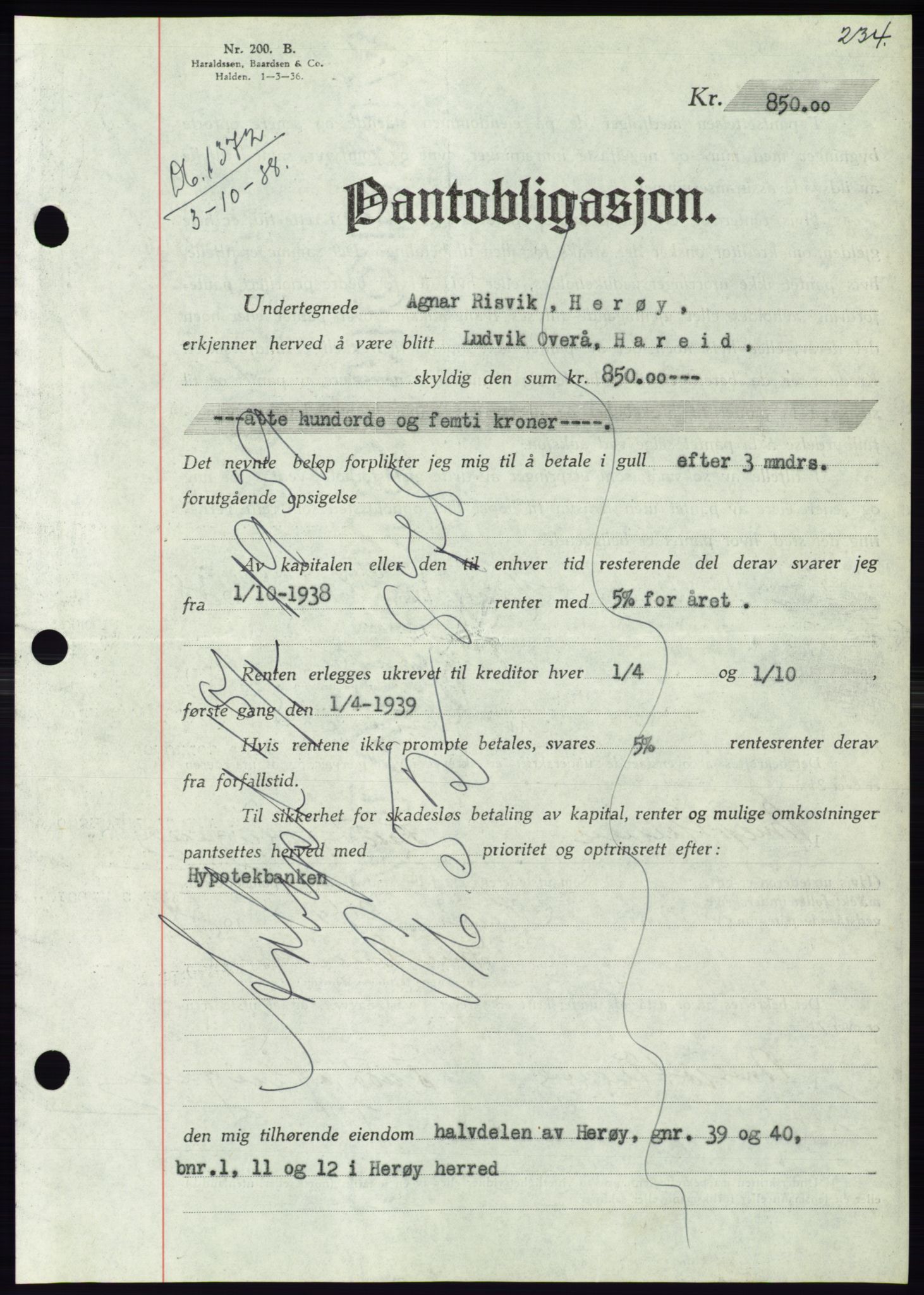 Søre Sunnmøre sorenskriveri, AV/SAT-A-4122/1/2/2C/L0066: Mortgage book no. 60, 1938-1938, Diary no: : 1372/1938