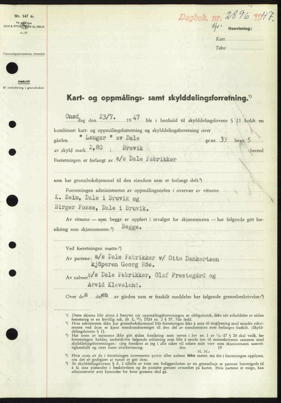 Nordhordland sorenskrivar, SAB/A-2901/1/G/Gb/Gbf/L0032: Mortgage book no. A32, 1947-1947, Diary no: : 2896/1947