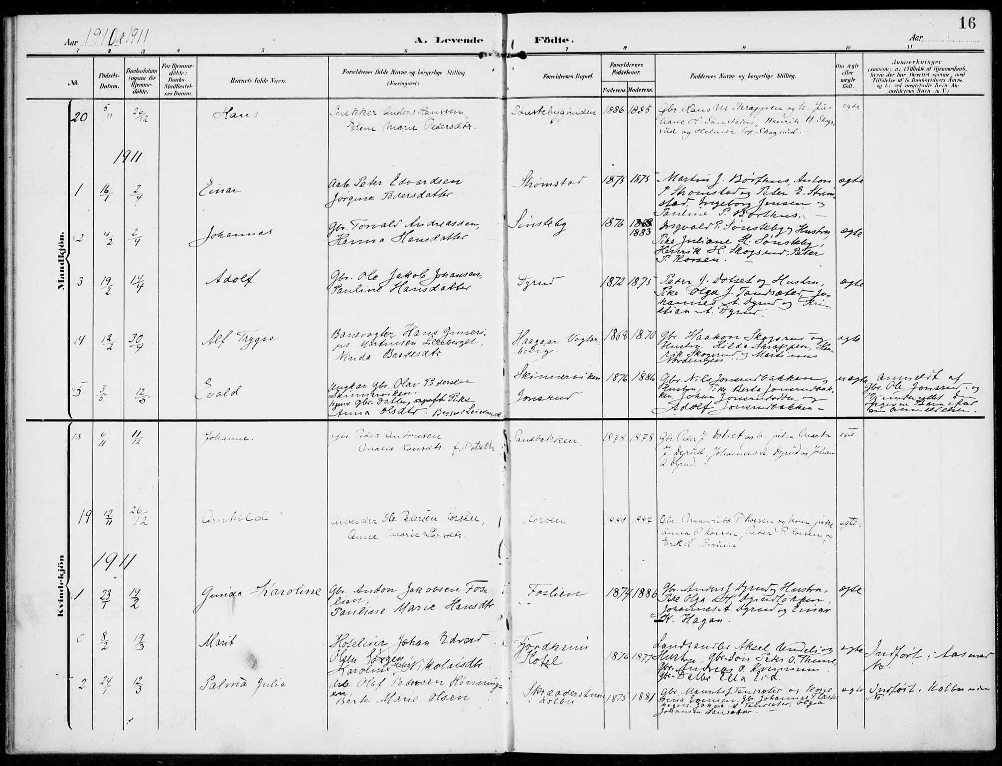 Kolbu prestekontor, SAH/PREST-110/H/Ha/Haa/L0001: Parish register (official) no. 1, 1907-1923, p. 16