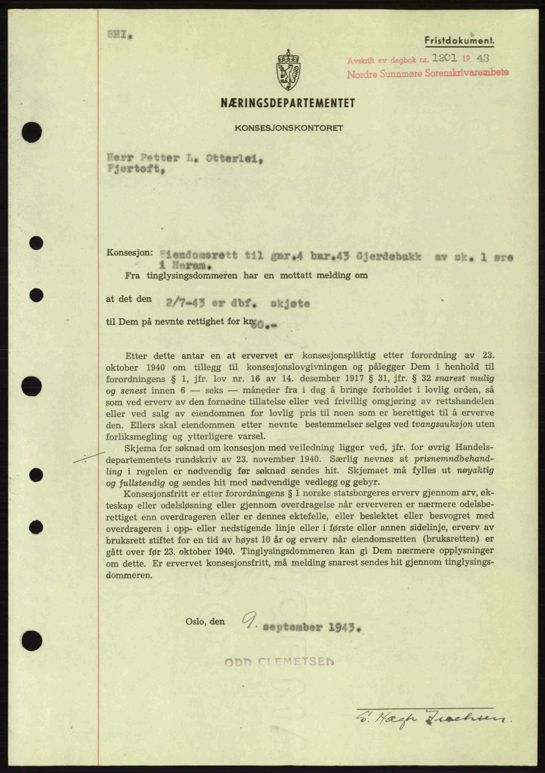 Nordre Sunnmøre sorenskriveri, SAT/A-0006/1/2/2C/2Ca: Mortgage book no. B6-14 a, 1942-1945, Diary no: : 1201/1943