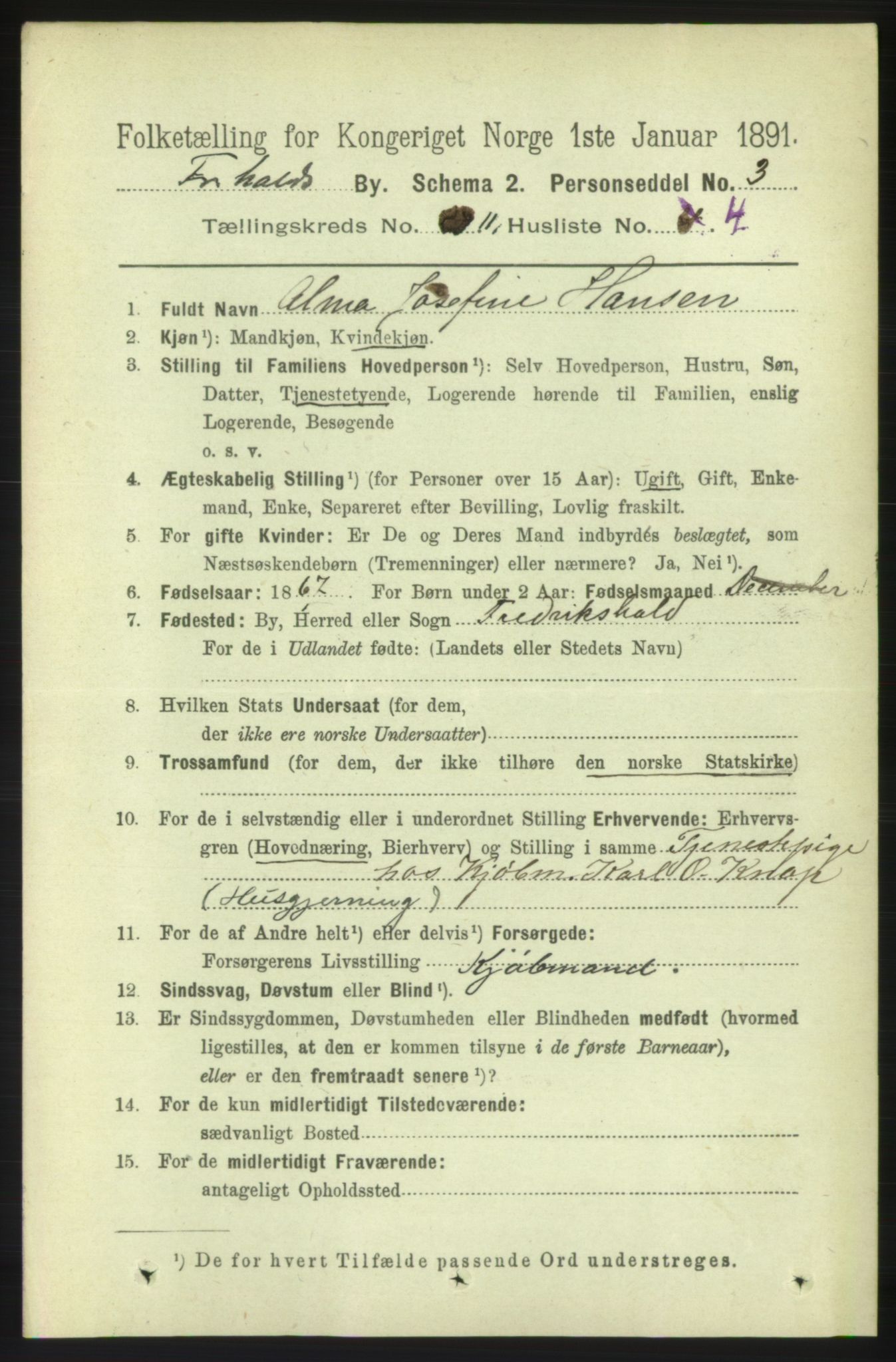 RA, 1891 census for 0101 Fredrikshald, 1891, p. 7654
