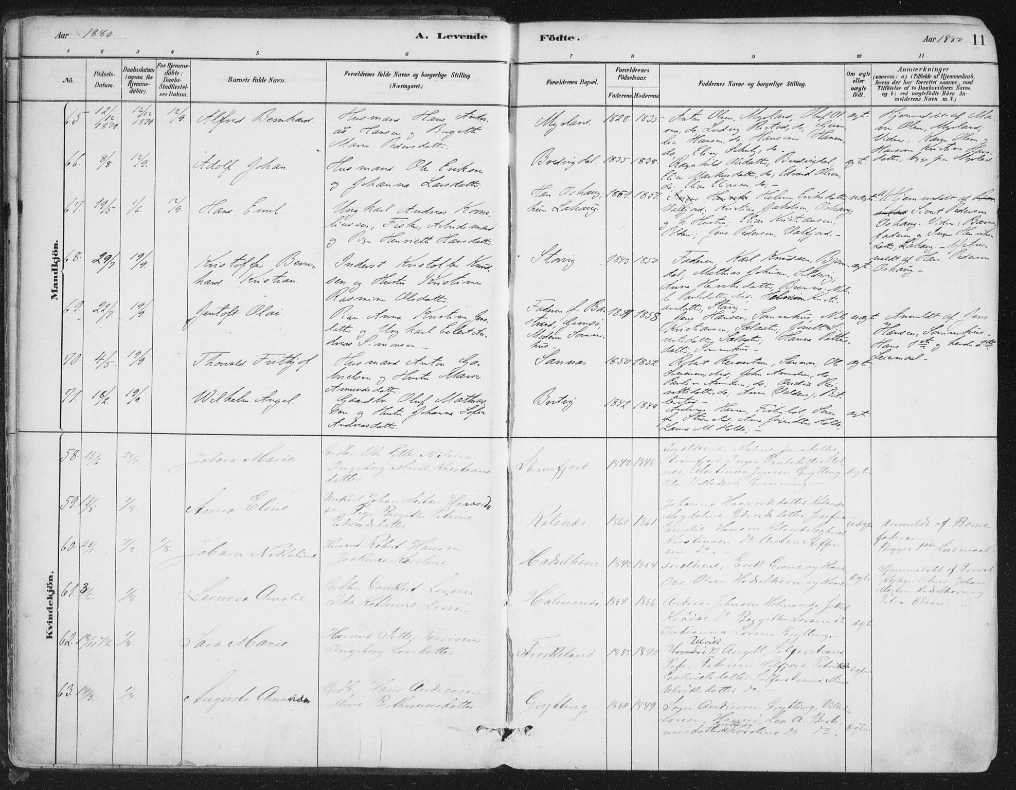 Ministerialprotokoller, klokkerbøker og fødselsregistre - Nordland, SAT/A-1459/888/L1244: Parish register (official) no. 888A10, 1880-1890, p. 11
