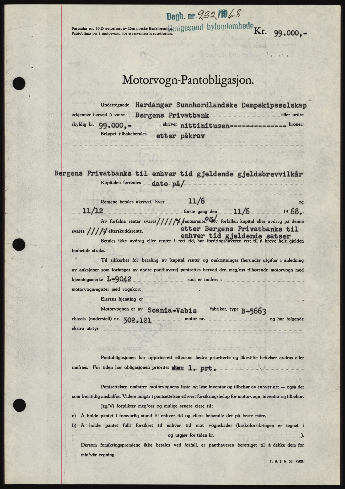 Haugesund tingrett, SAST/A-101415/01/II/IIC/L0058: Mortgage book no. B 58, 1967-1968, Diary no: : 932/1968