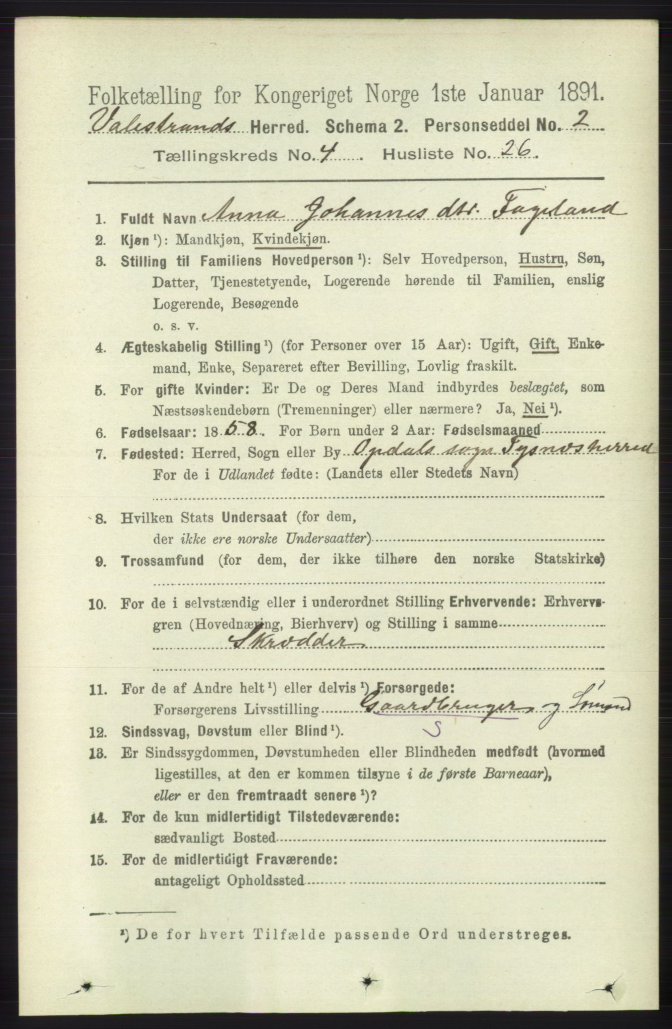 RA, 1891 census for 1217 Valestrand, 1891, p. 1007