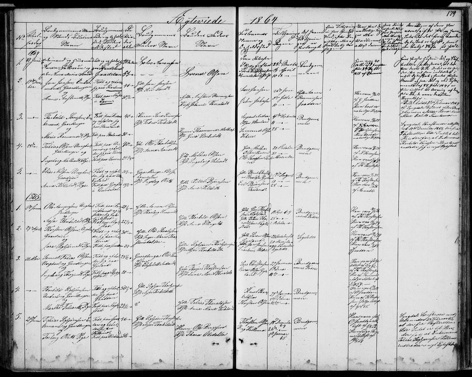 Hægebostad sokneprestkontor, SAK/1111-0024/F/Fb/Fba/L0002: Parish register (copy) no. B 2, 1851-1882, p. 179