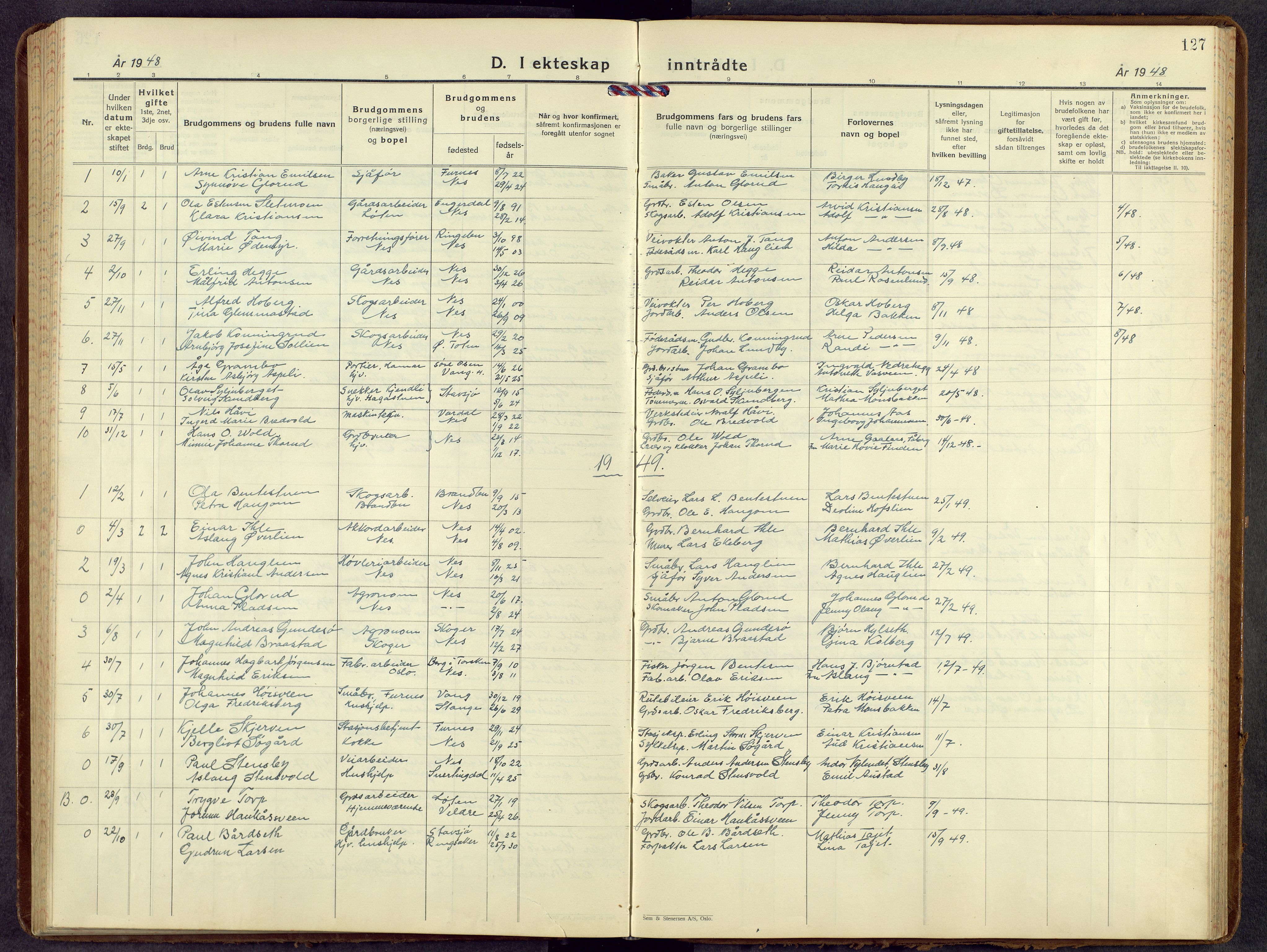 Nes prestekontor, Hedmark, AV/SAH-PREST-020/L/La/L0012: Parish register (copy) no. 12, 1936-1958, p. 127