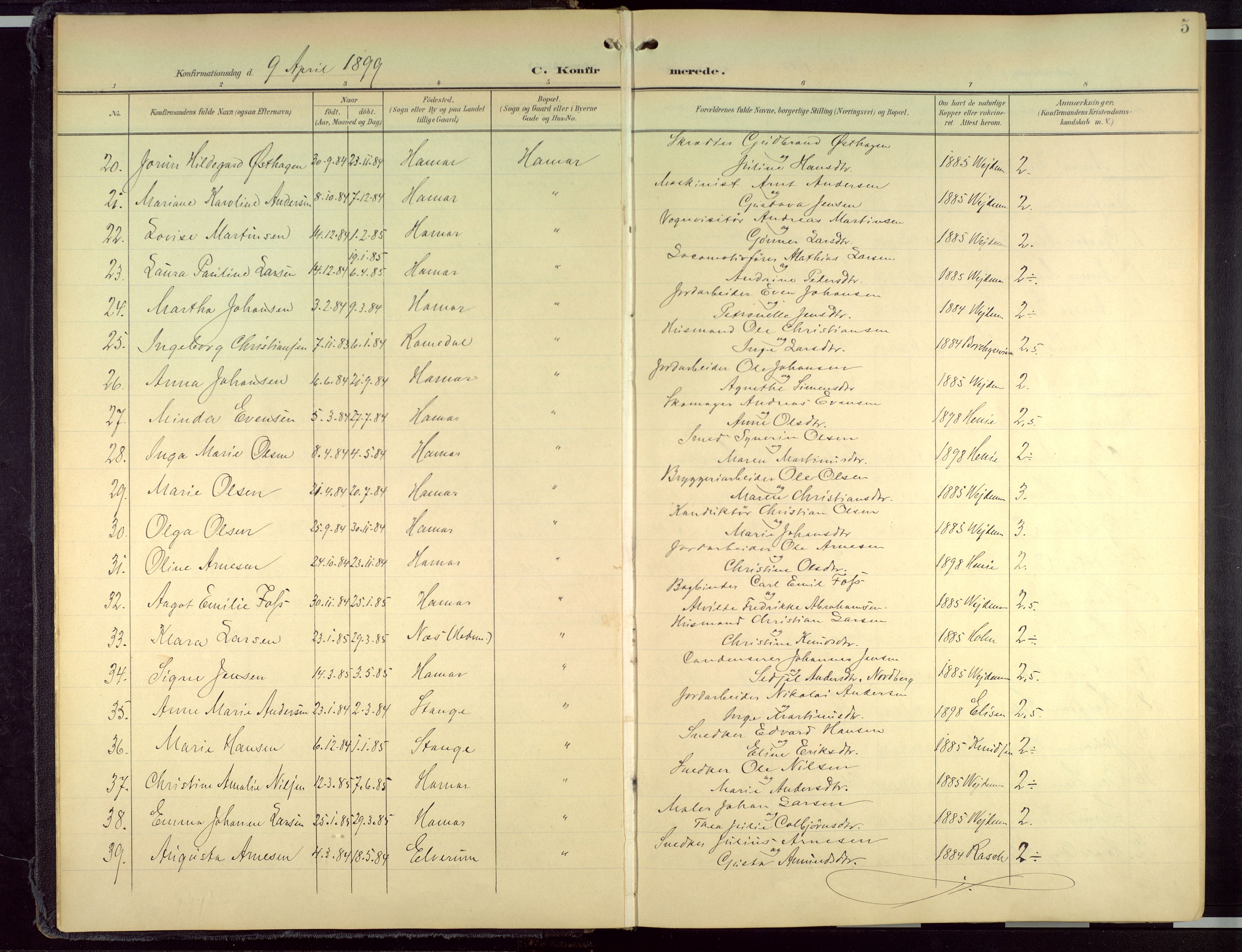 Hamar prestekontor, AV/SAH-DOMPH-002/H/Ha/Haa/L0004: Parish register (official) no. 4, 1899-1973, p. 5