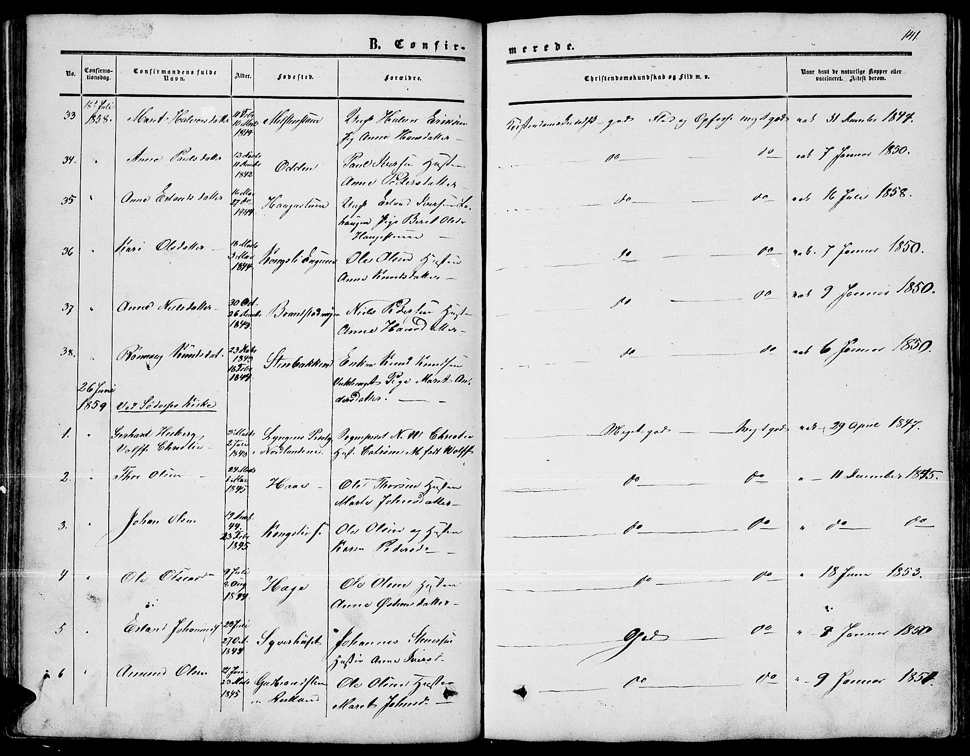 Nord-Fron prestekontor, SAH/PREST-080/H/Ha/Hab/L0001: Parish register (copy) no. 1, 1851-1883, p. 141