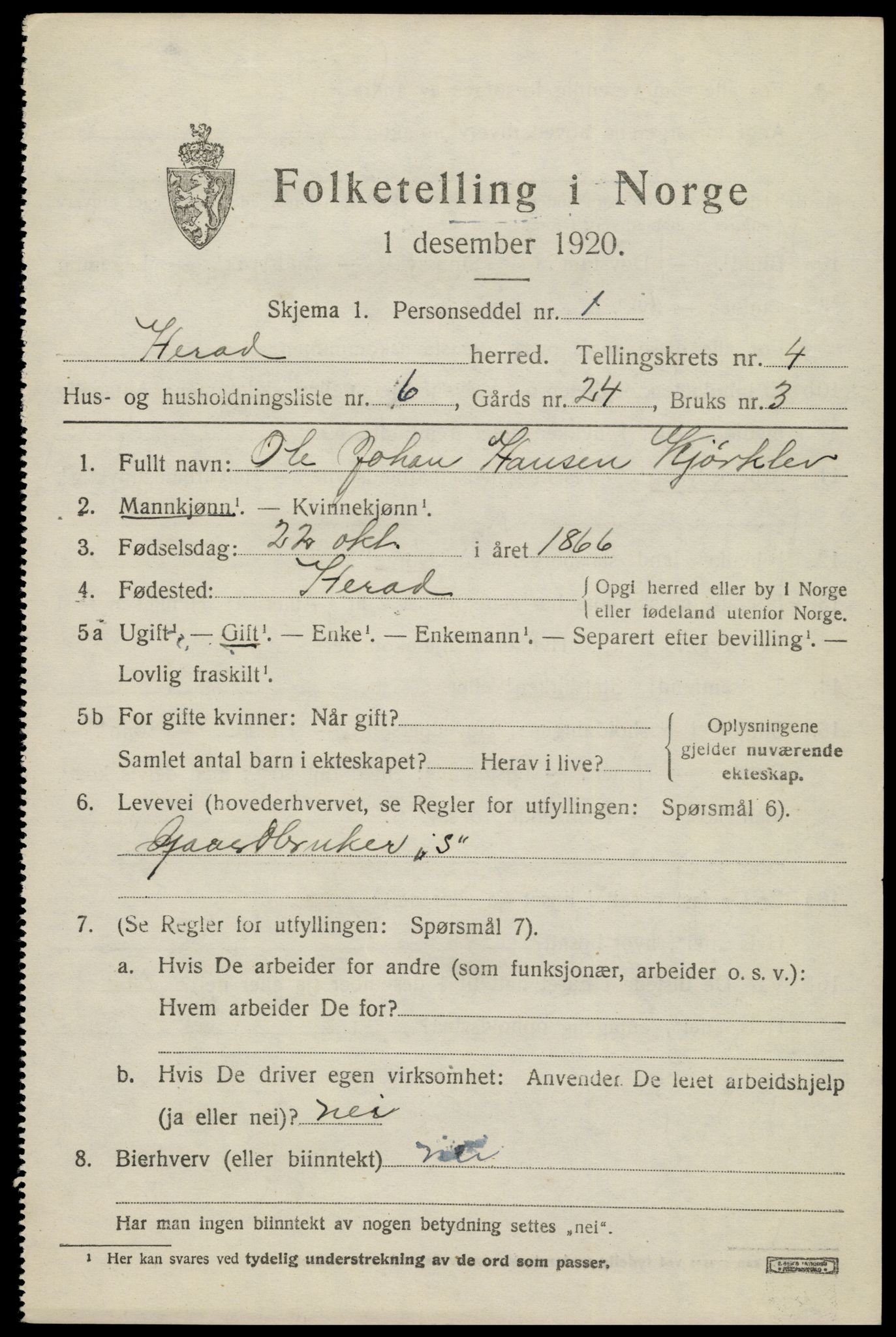 SAK, 1920 census for Herad, 1920, p. 1778