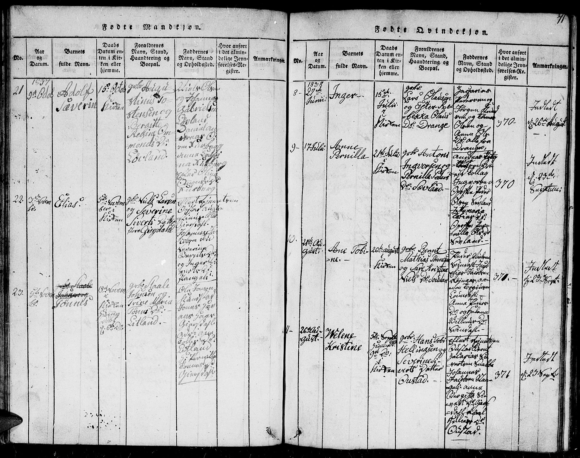 Herad sokneprestkontor, AV/SAK-1111-0018/F/Fb/Fba/L0001: Parish register (copy) no. B 1, 1815-1852, p. 71