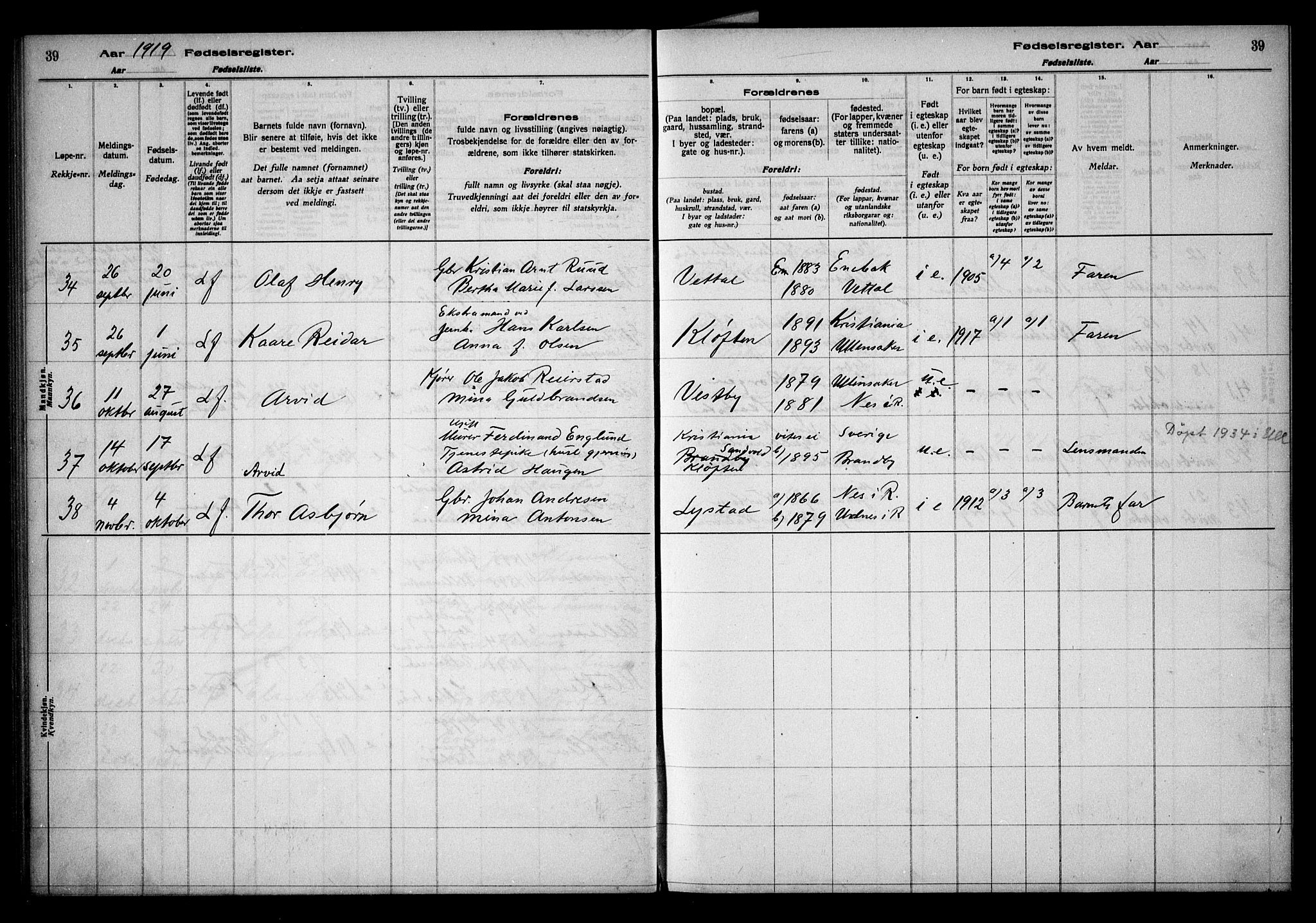 Ullensaker prestekontor Kirkebøker, AV/SAO-A-10236a/J/Ja/L0001: Birth register no. I 1, 1916-1938, p. 39