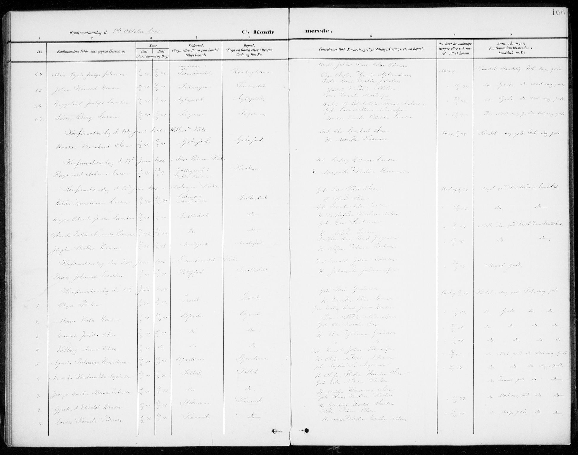 Lenvik sokneprestembete, AV/SATØ-S-1310/H/Ha/Haa/L0014kirke: Parish register (official) no. 14, 1899-1909, p. 166